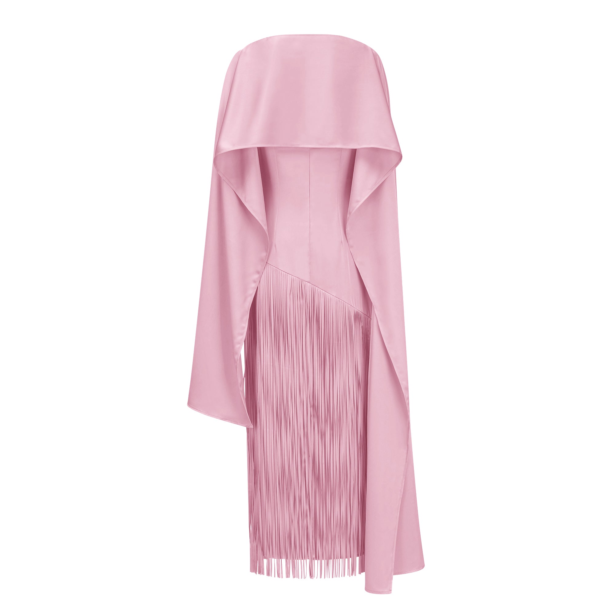Cayetana – Rosa Maxikleid mit Fransen und Cape-Effekt