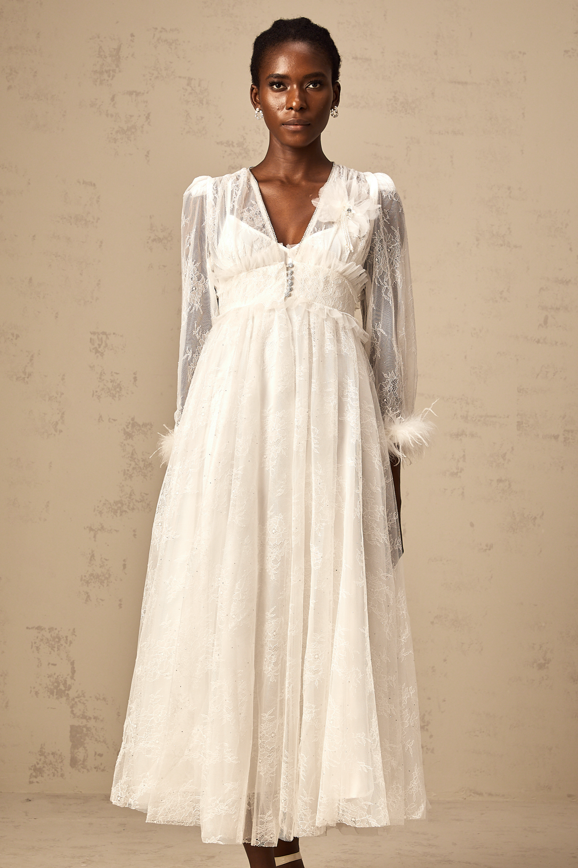 Vera white studded floral-lace maxi dress