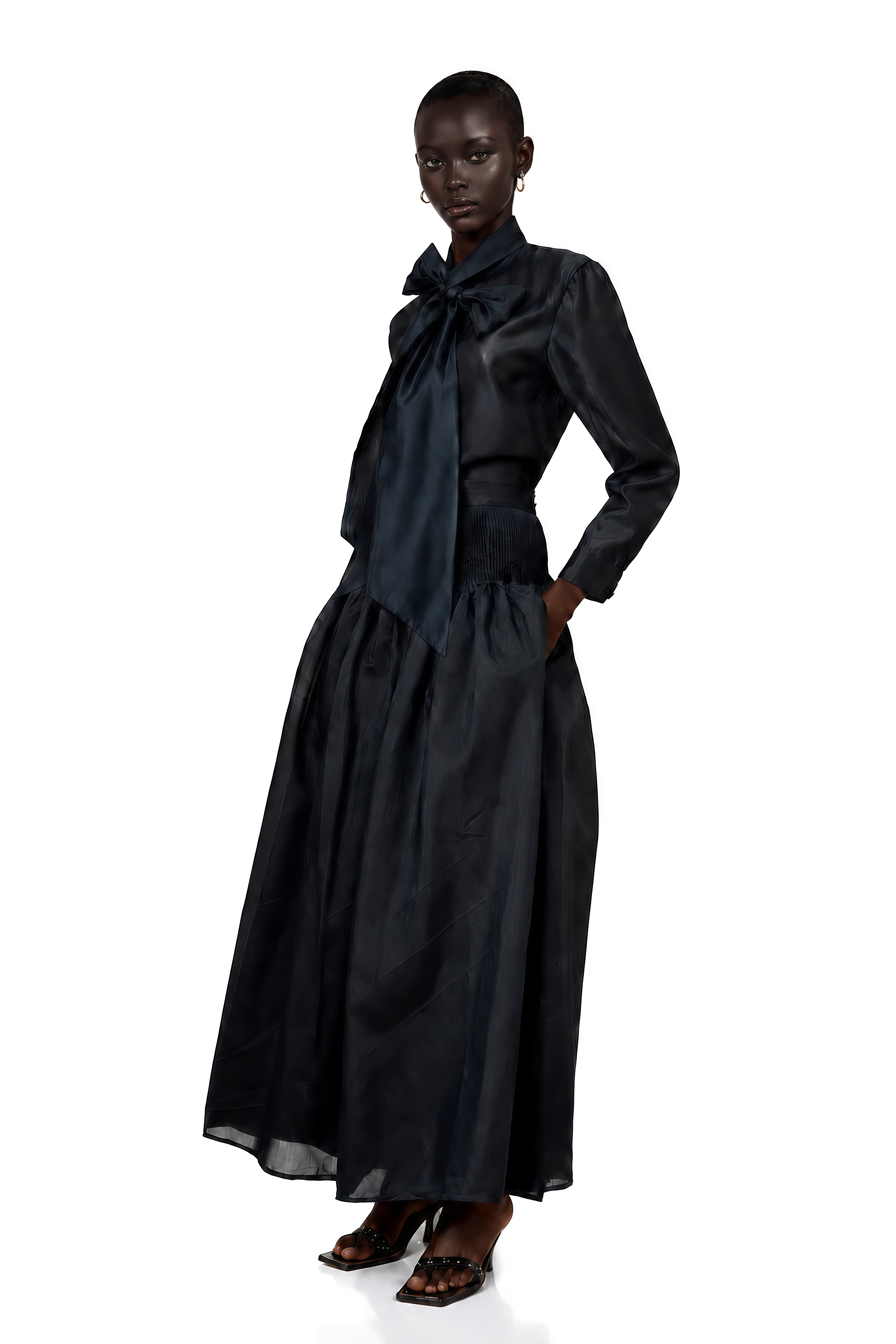 Zoé Dark-Green Ribbon Tie-Neck Shirt & Skirt Matching Set