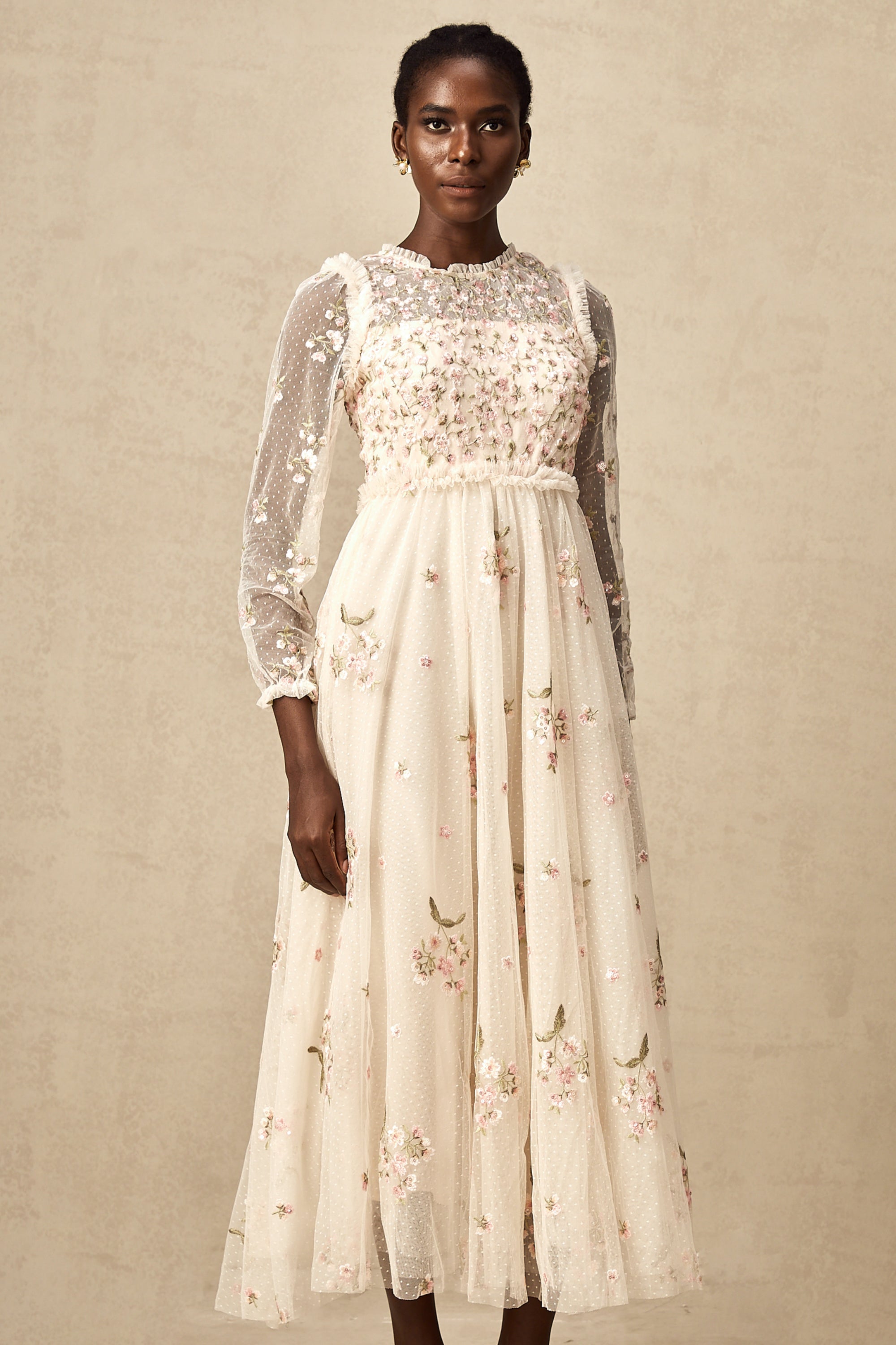 Celine floral-embroidery tulle midi dress