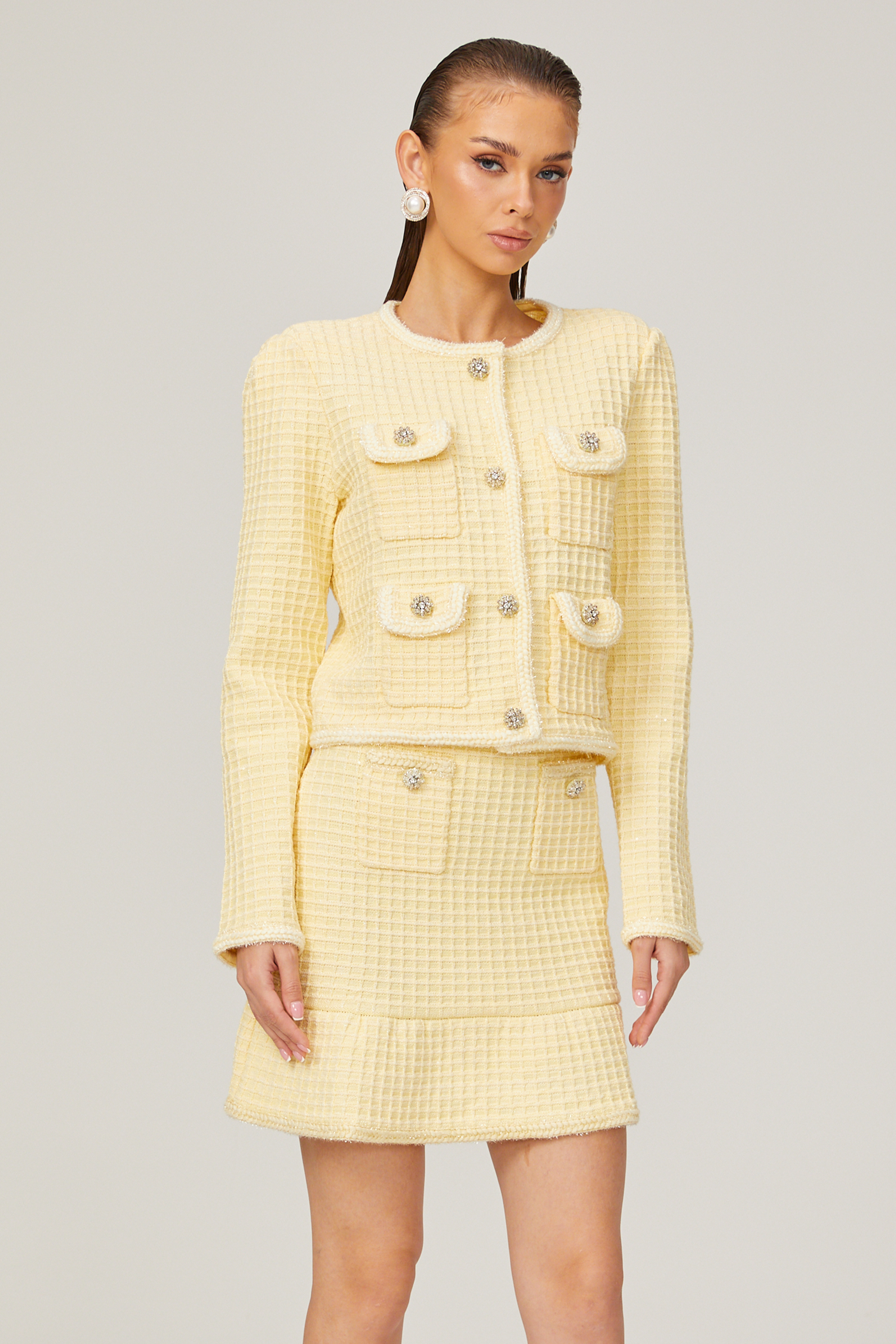 Fabienne yellow waffle-knit jacket & skirt matching set