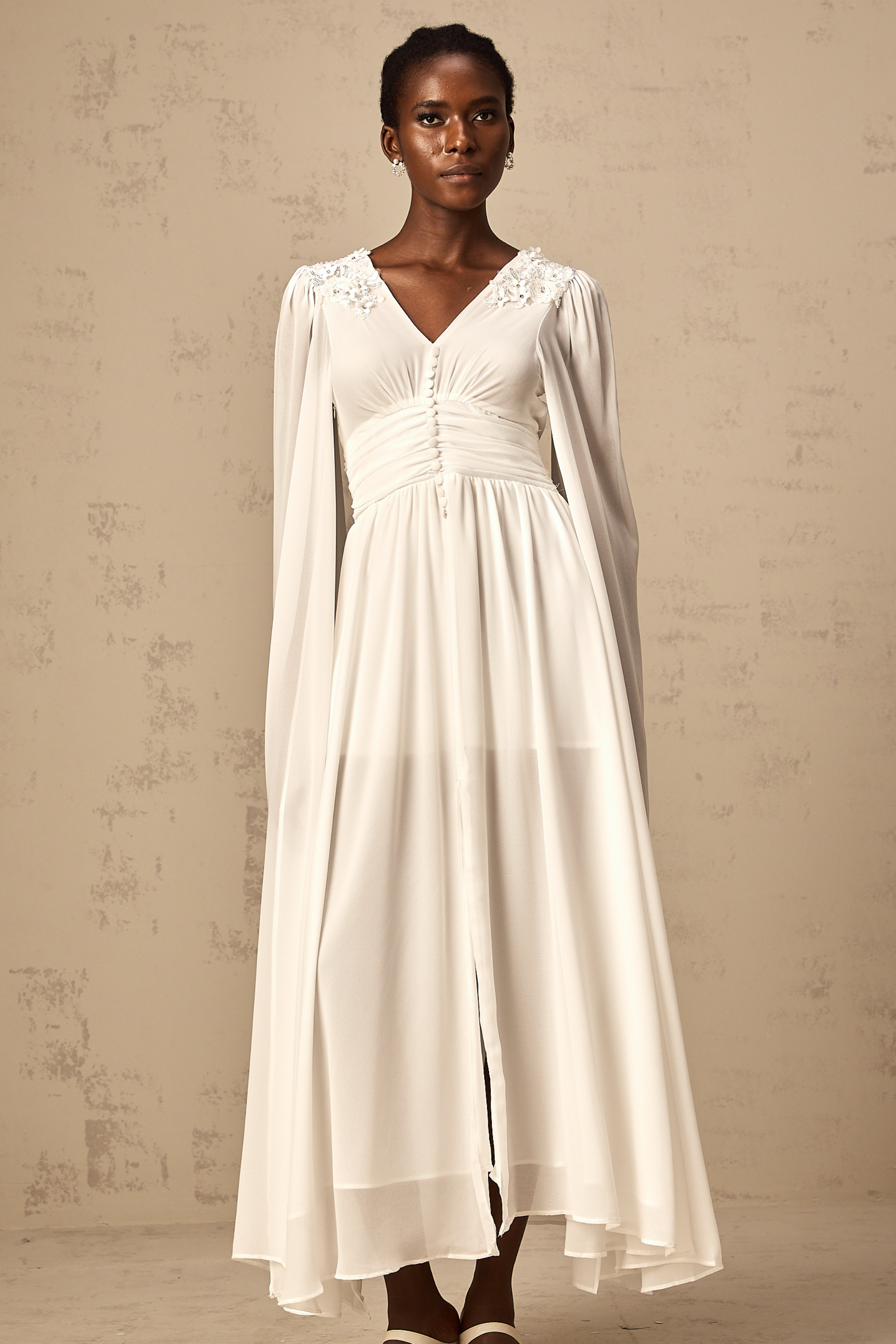 Sylvie white slit-sleeve beaded chiffon gown