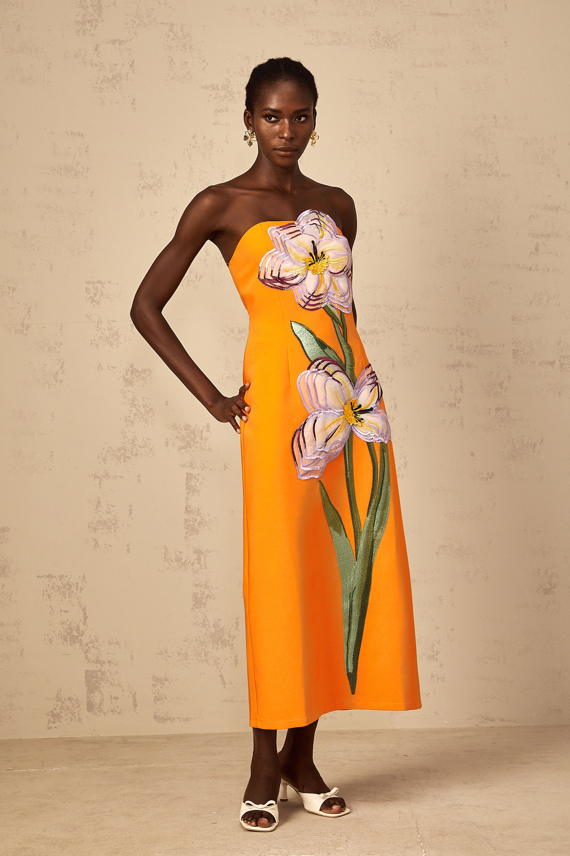 Irène Sequin Embroidered Off-Shoulder Midi Dress in Orange