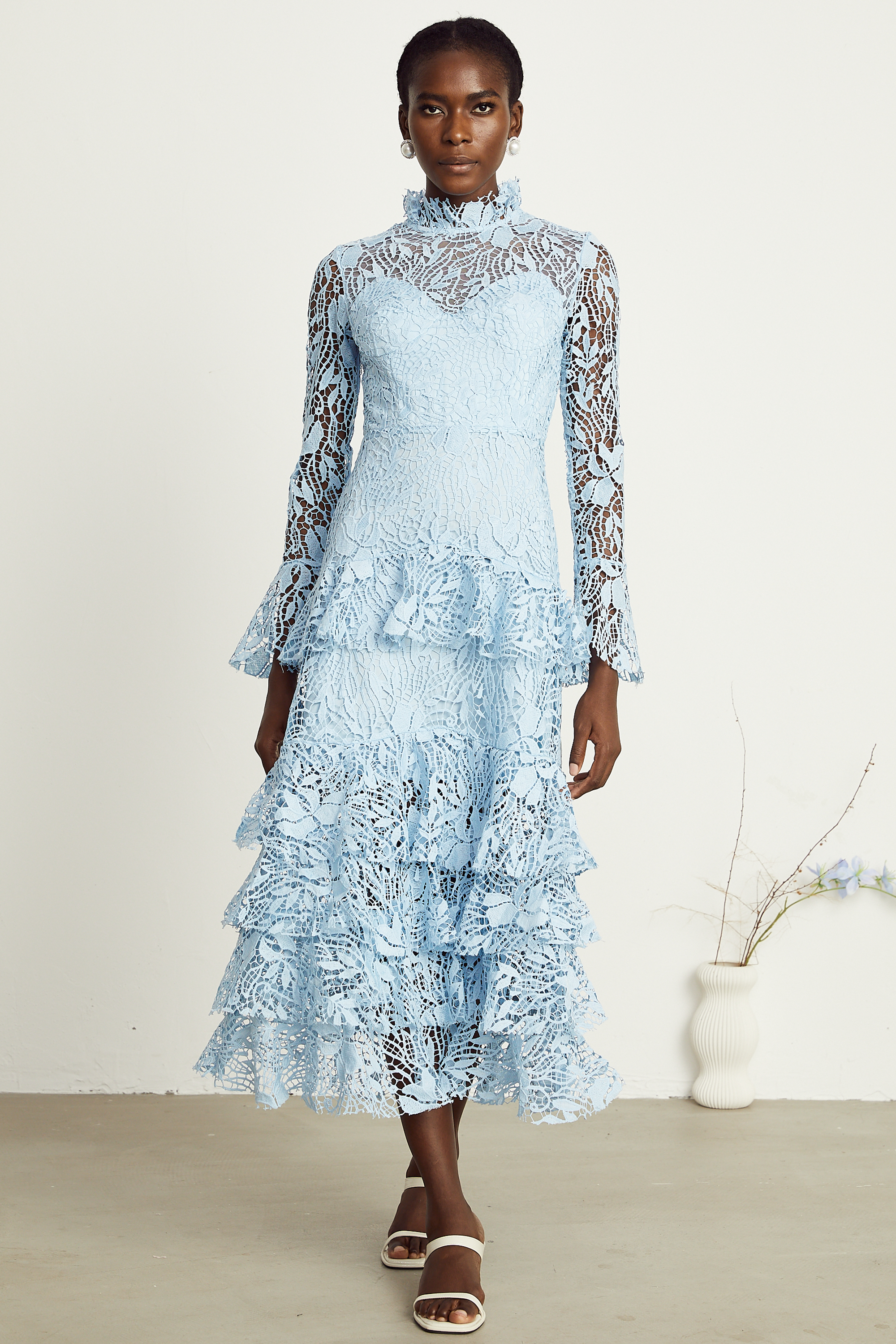 Pascale blue guipure-lace ruffle layered midi dress