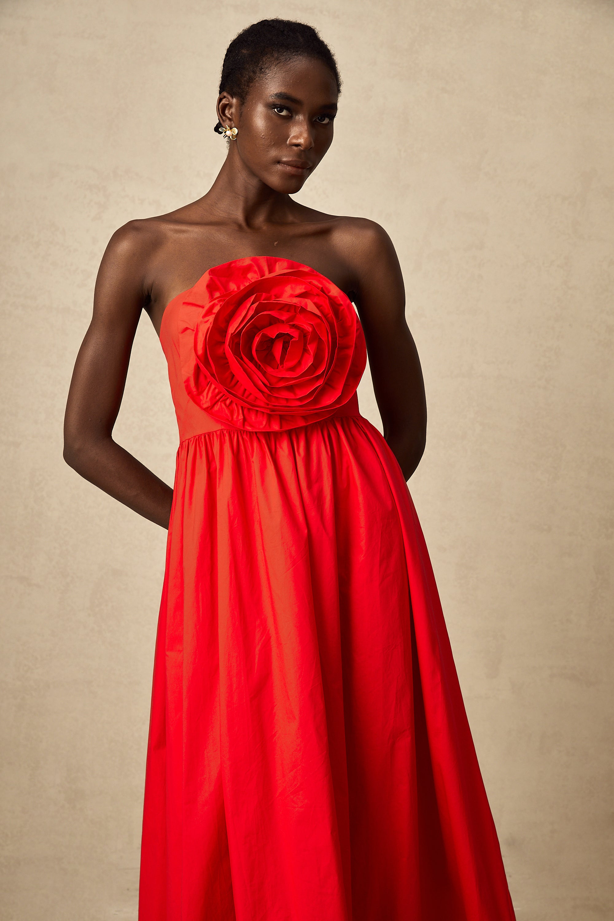 Assia red 3d-petal ruffled maxi dress