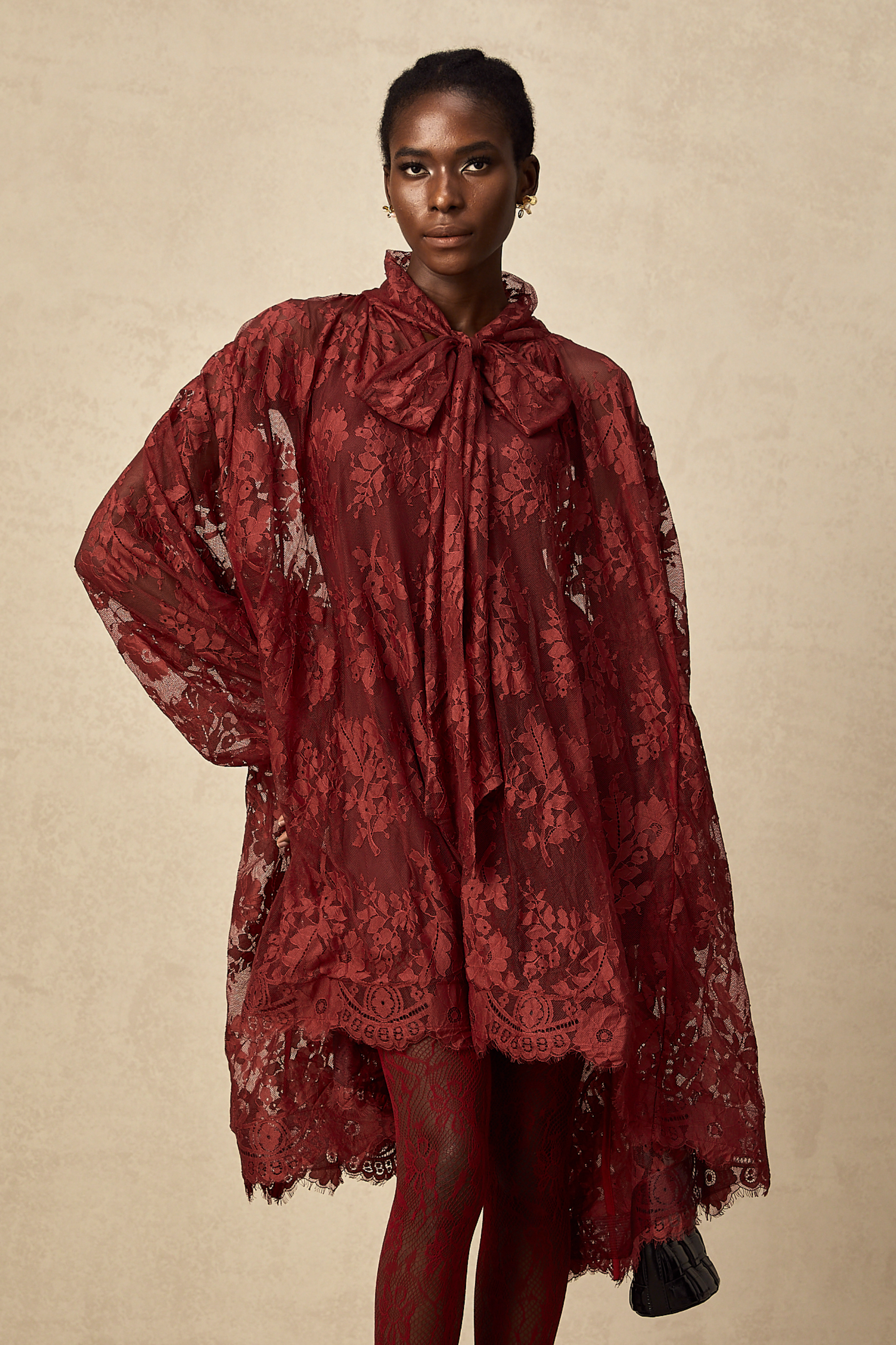 Coline red chantilly lace oversize dress