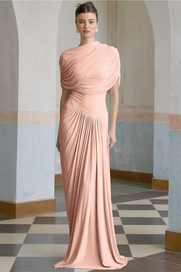 Asymmetric Cape Silk Dress (Pink)