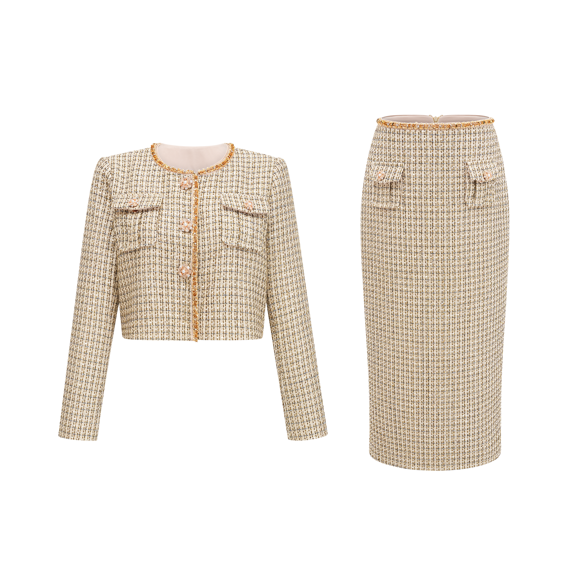 Aëlle gold tweed sequin jacket & skirt matching set