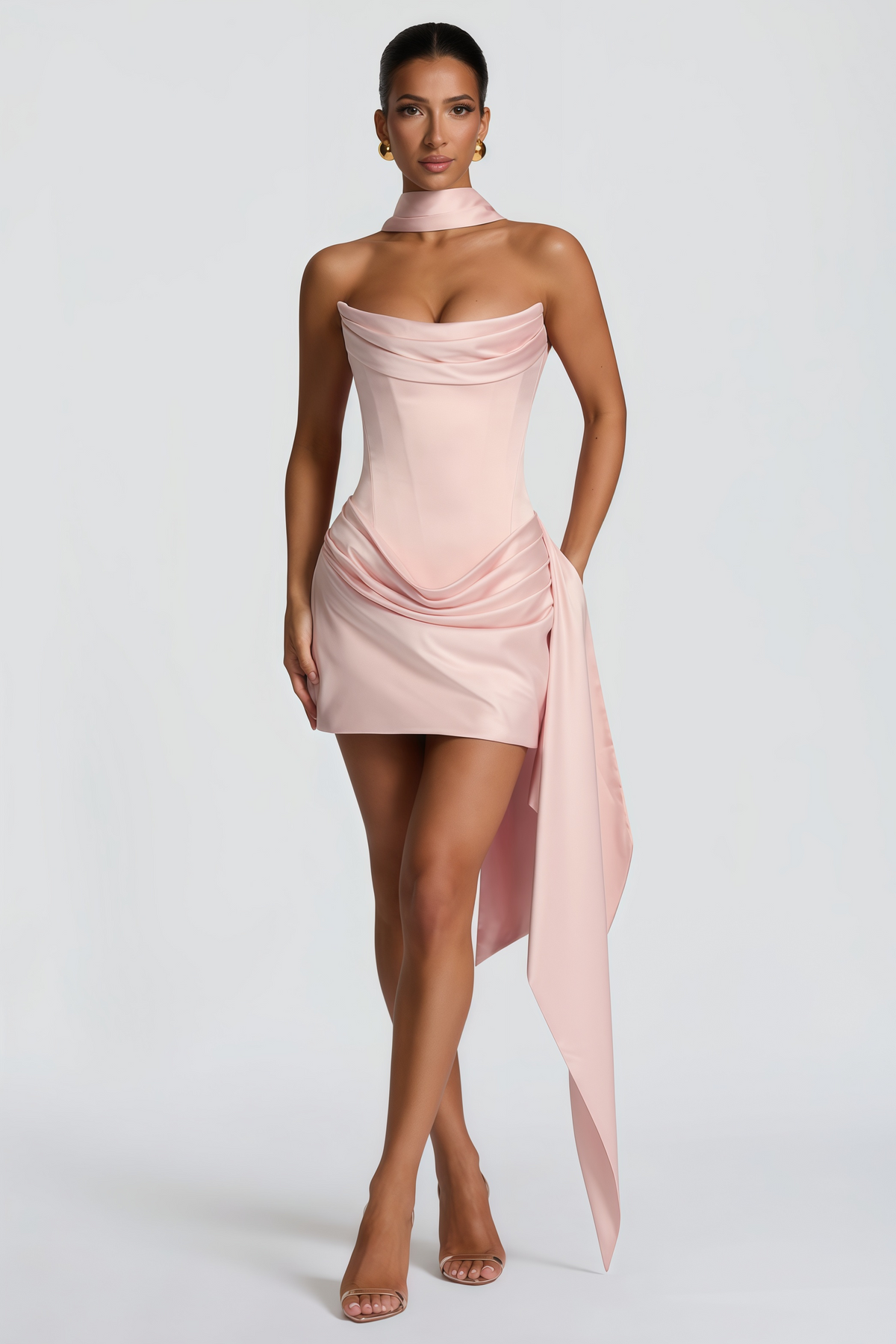 Zenina Pink Ruched Ribbon Detail Mini Dress