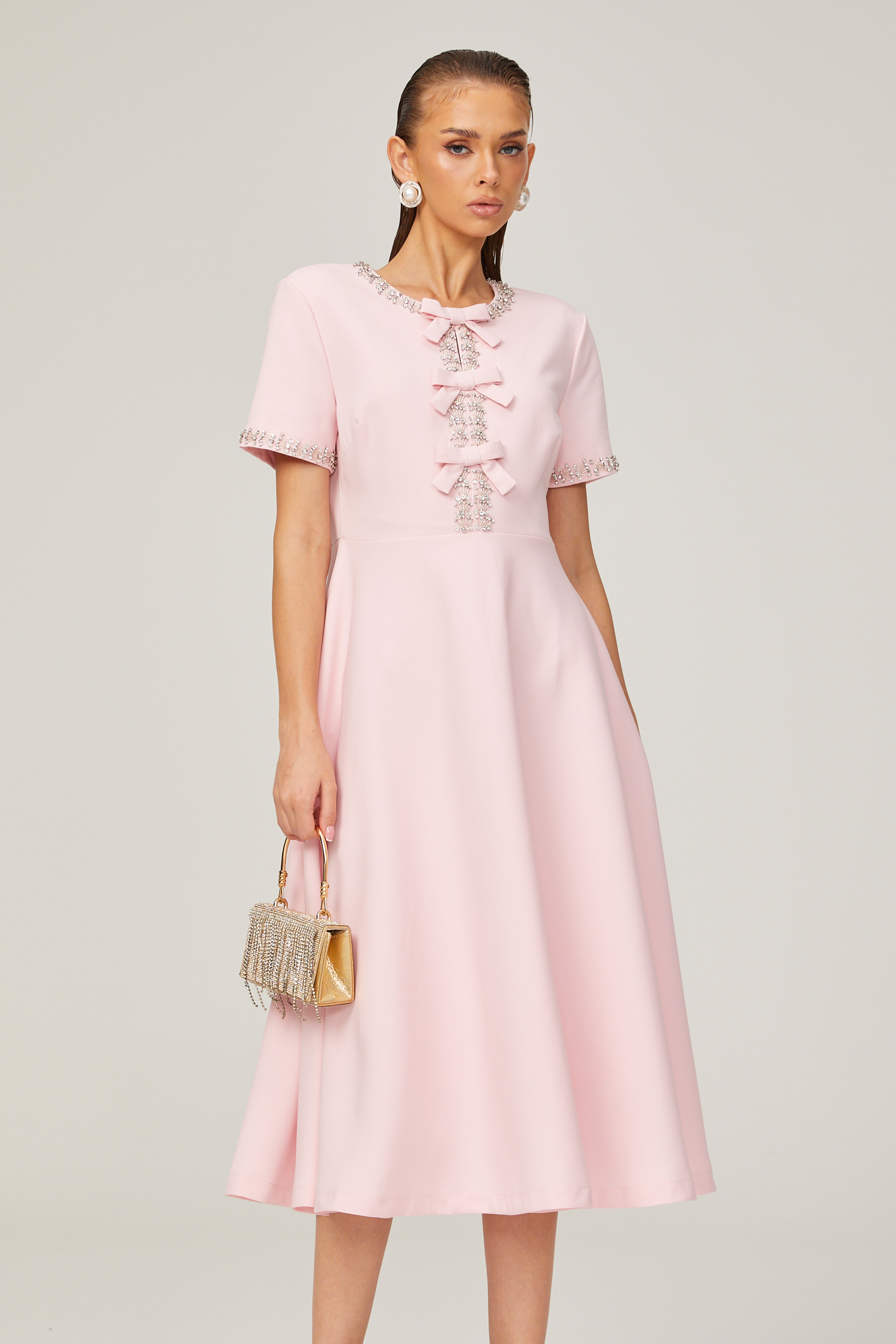 Esther pink bow-detail short-sleeve crystal midi dress