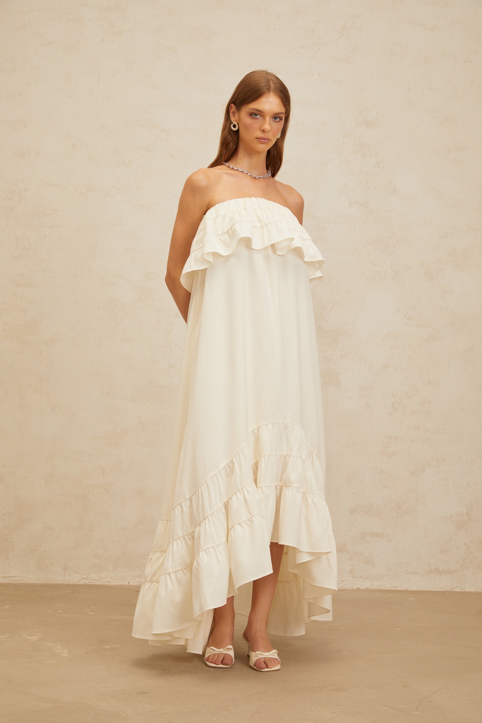 Bénédicte White Vibrant Off Shoulder Shirred Maxi Dress (Final Sale)