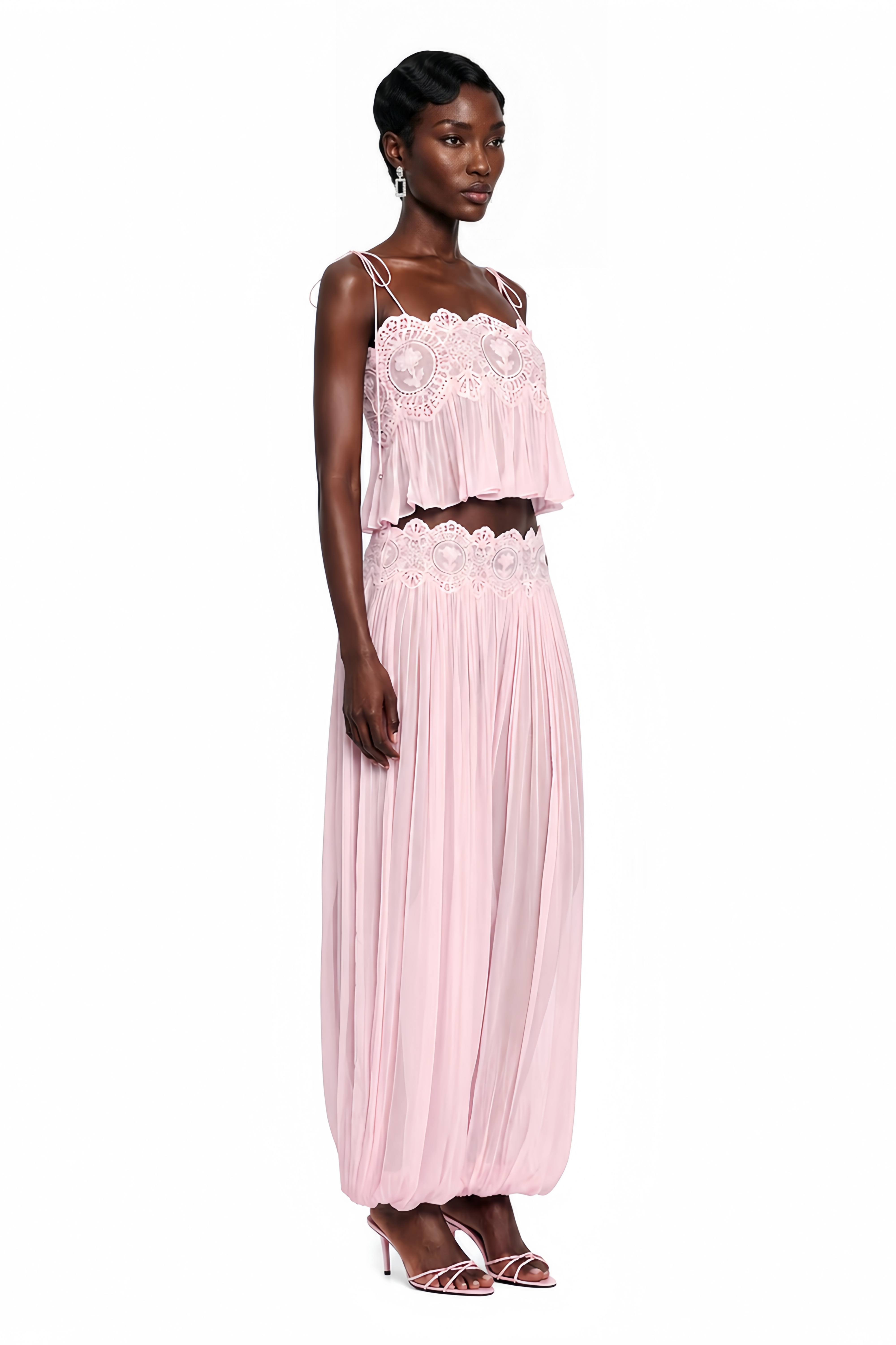 Kamila Pink Lace Trim Ruched Top & Trouser Set