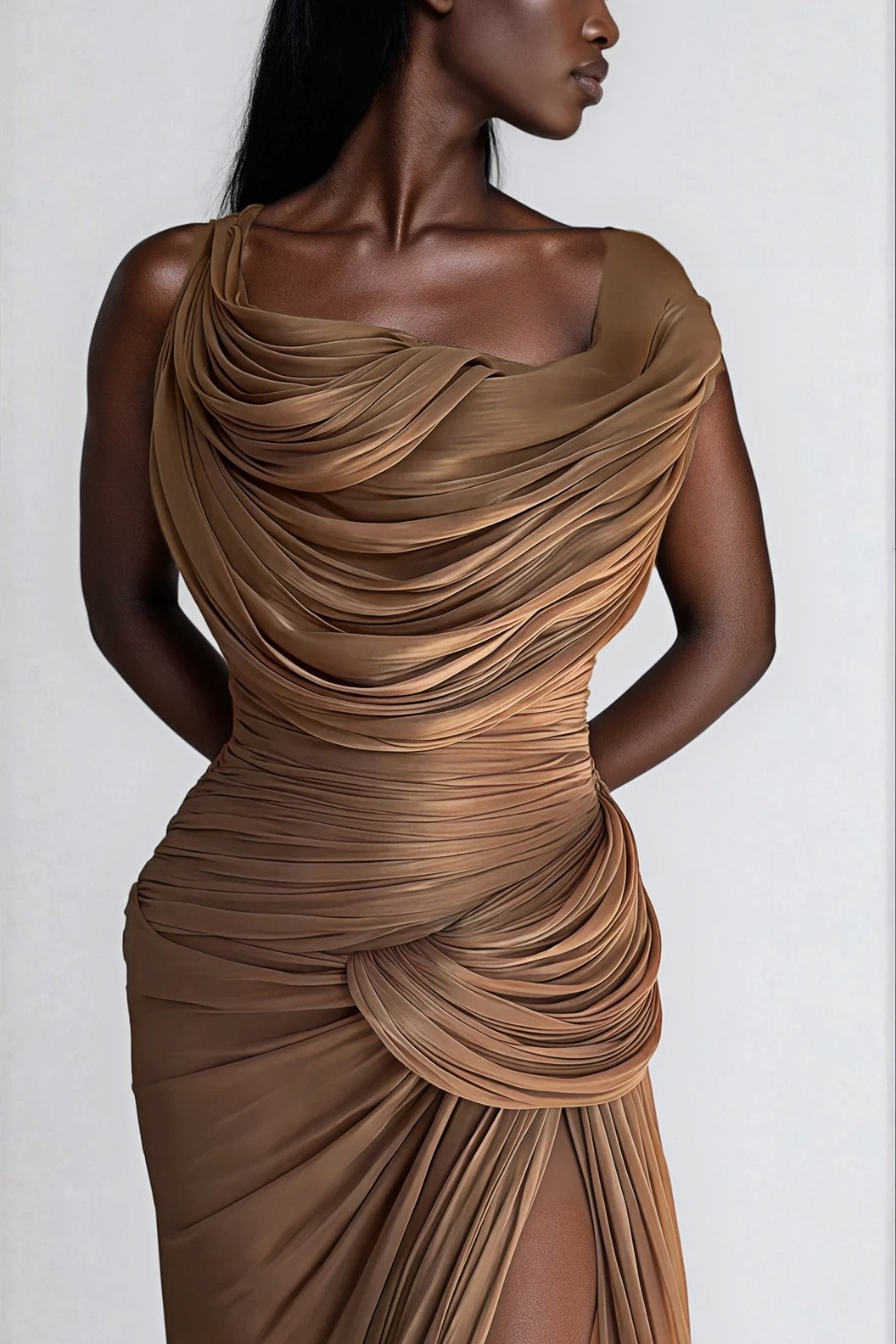 Gelsomina Gold Asymmetrical Glossy Gathered Maxi Dress