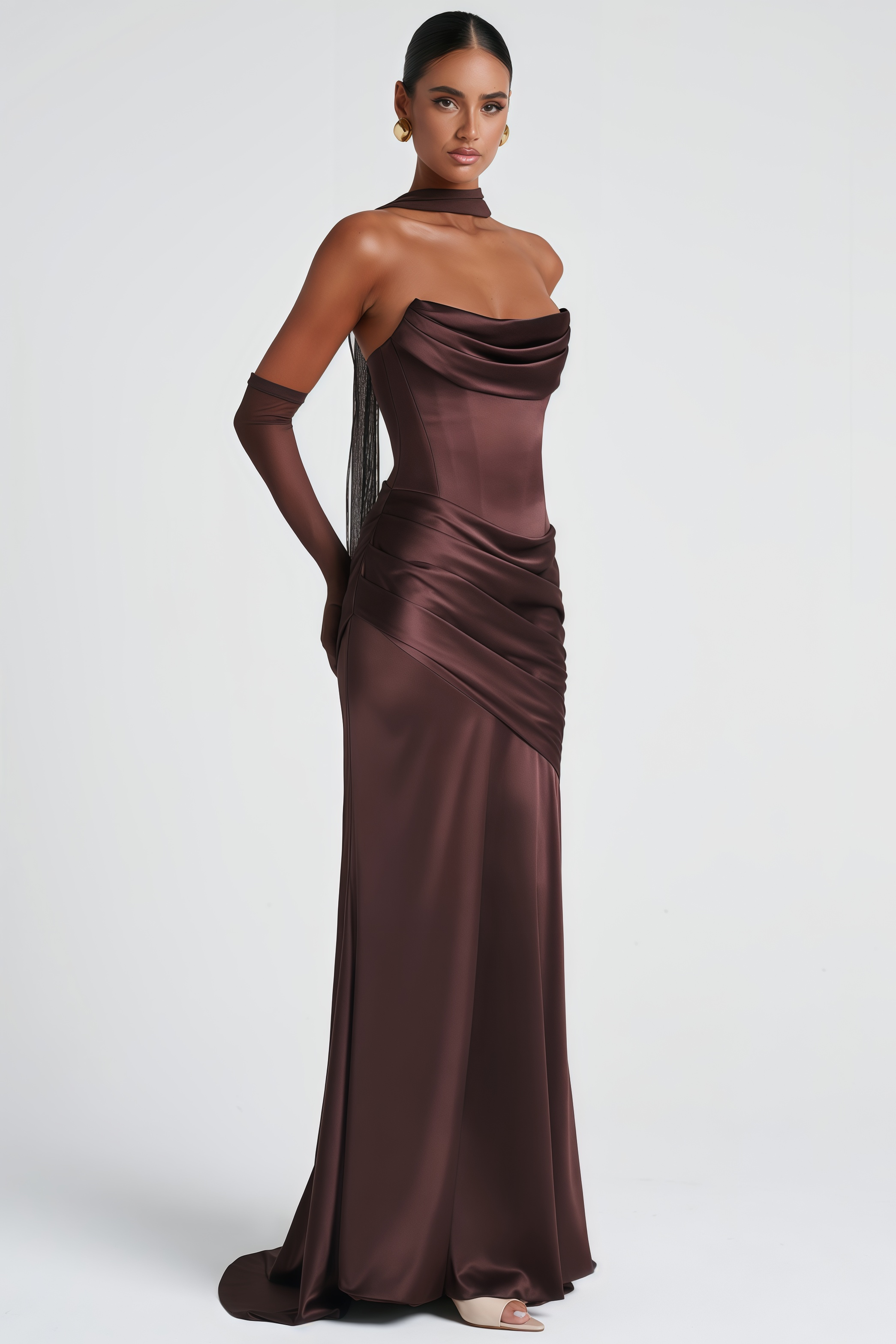 Marilou Brown Ruched Satin Maxi Dress