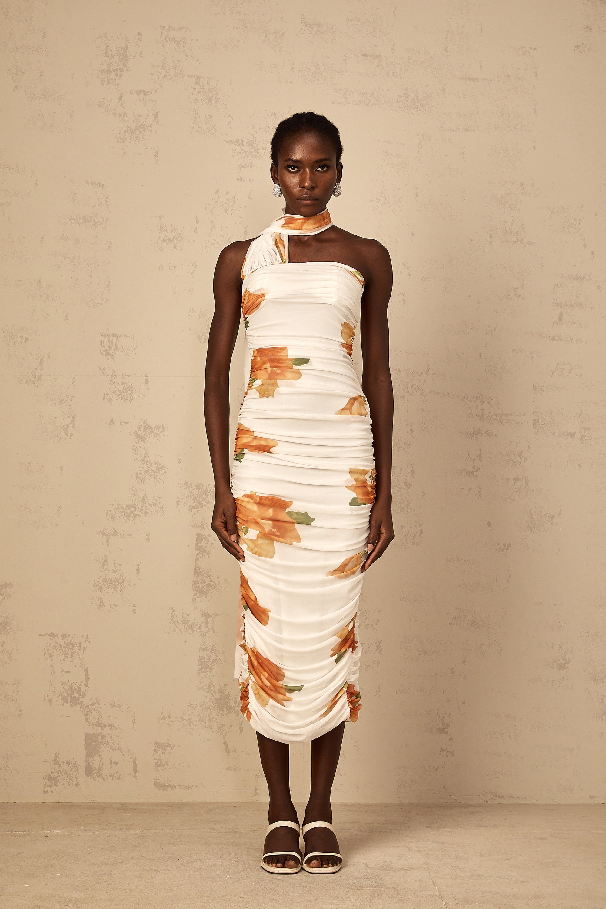 Frida white floral-print ruched tulle midi dress