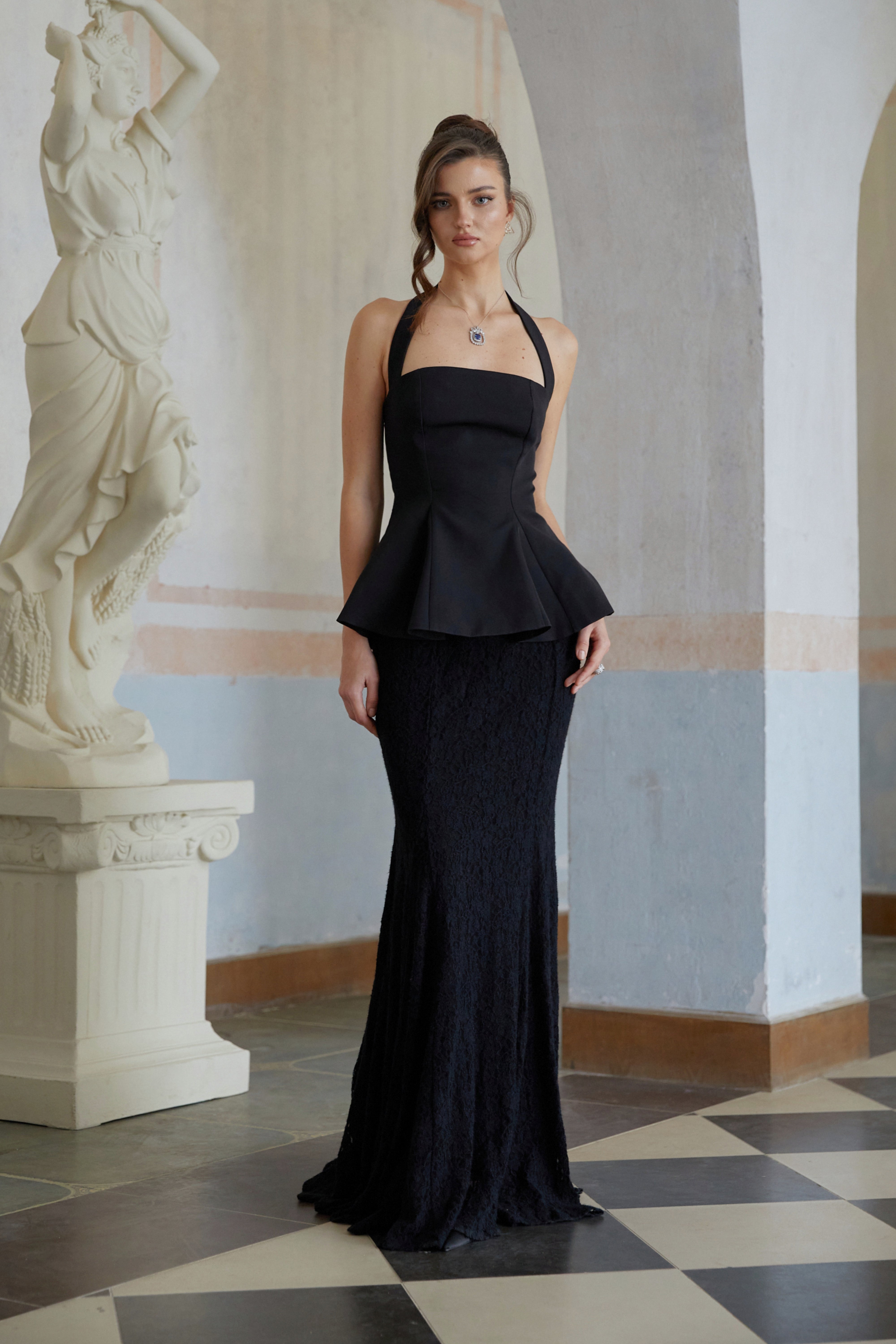 Whitley Black Halterneck Top & Lace Skirt Set