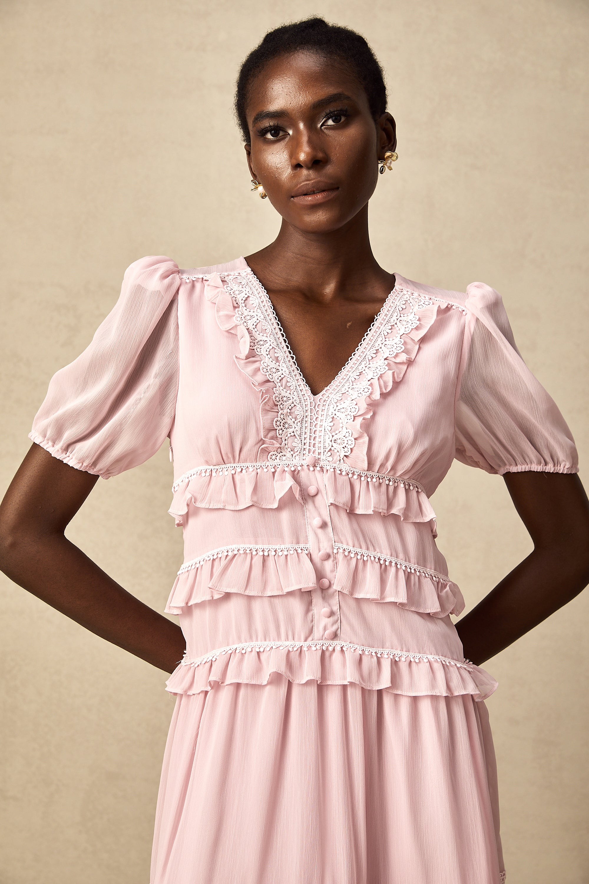 Amelie pink ruffled tiered midi dress