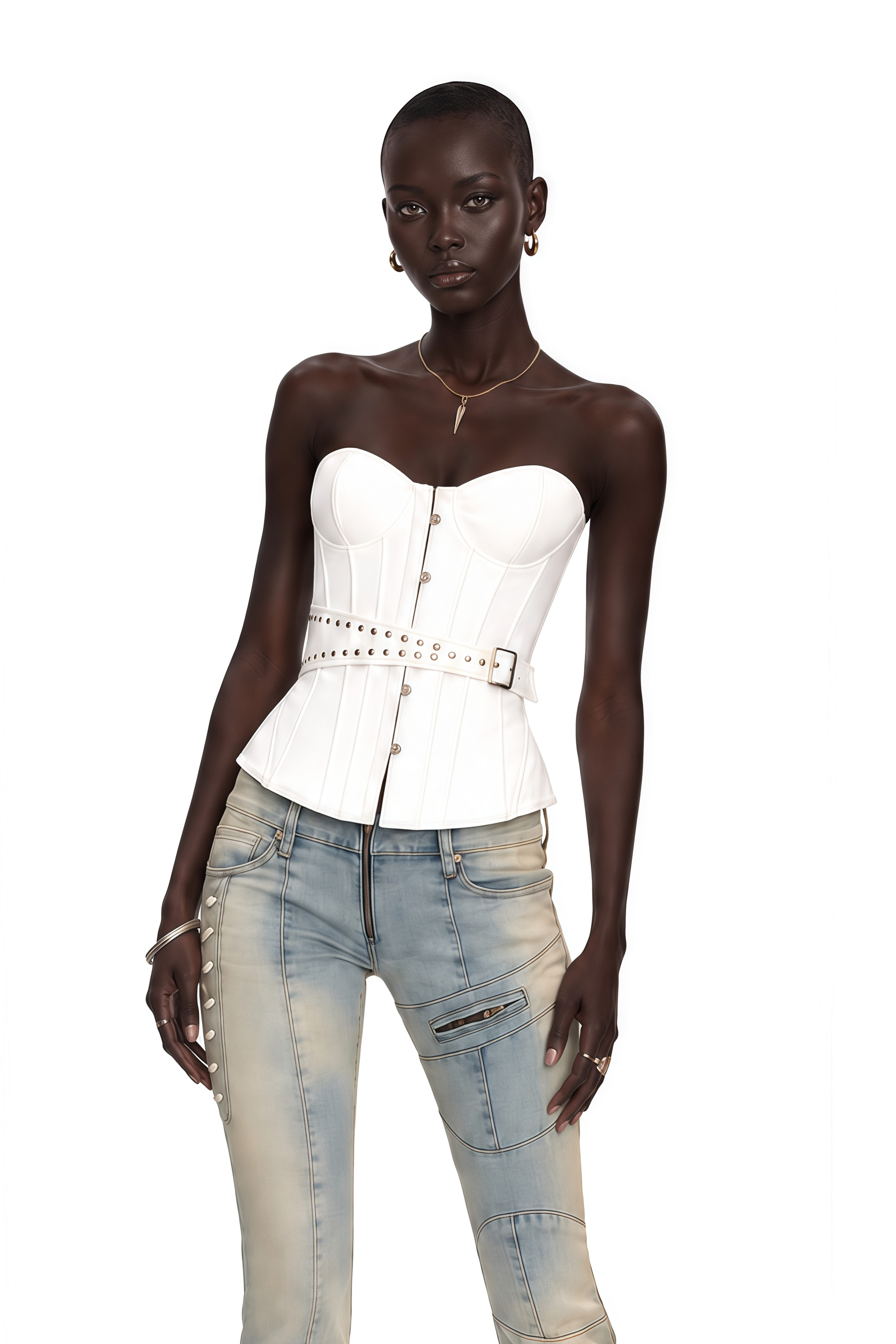 Tiril White Studded Belted Corset Top