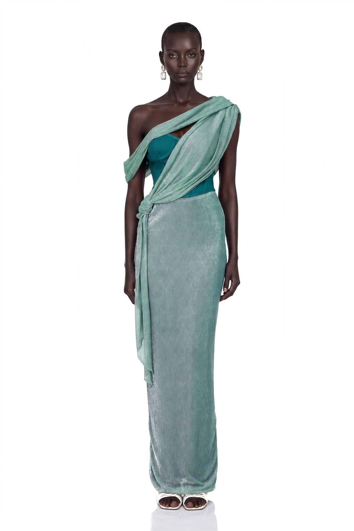Delphine Ribbon-Design Corset Maxi Dress in Green