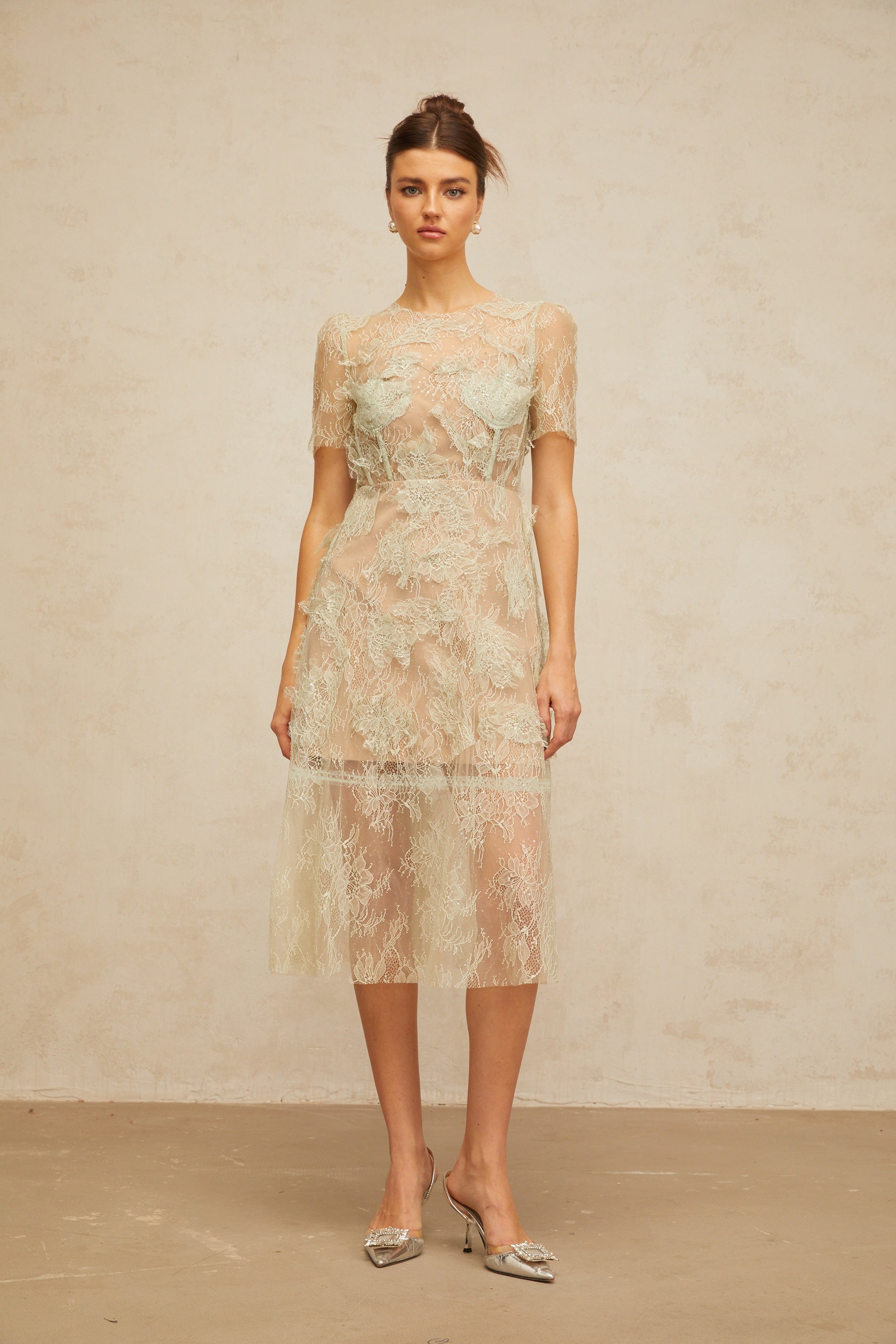 Xaviera mint-green floral-lace midi dress