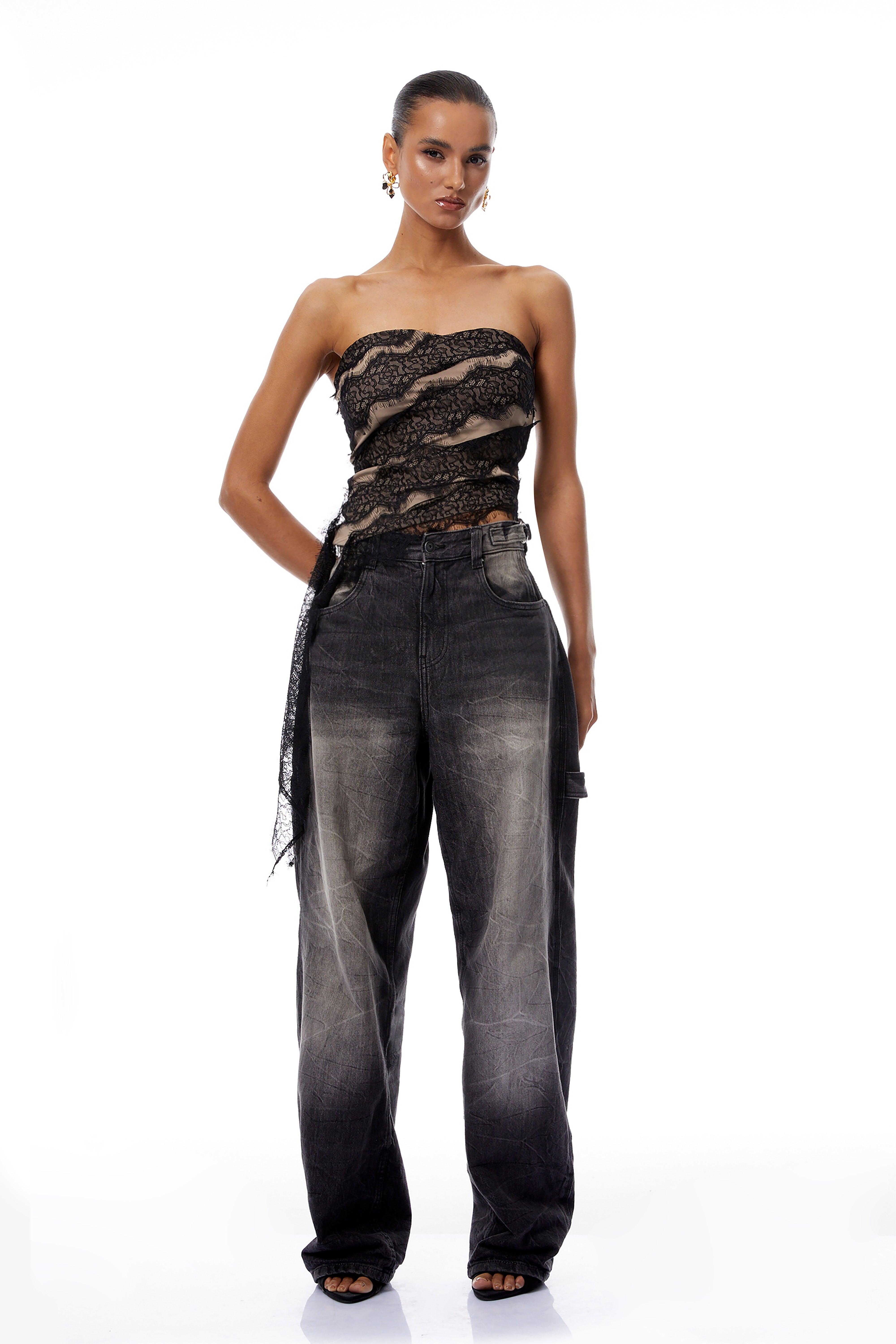 Giulia Schwarzes Crop-Top mit Spitzeneinsatz