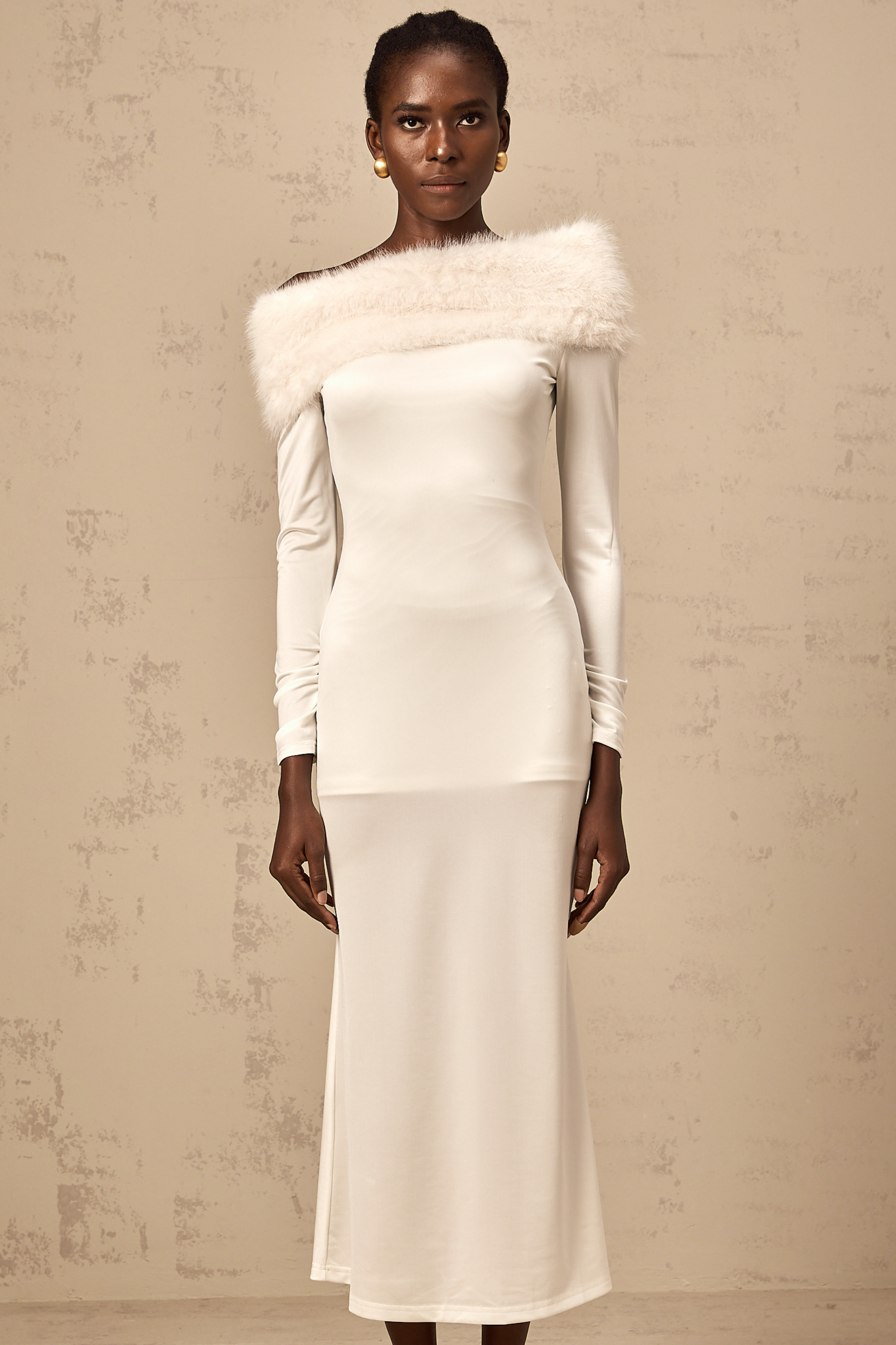 Cécile white faux-fur off-shoulder midi dress