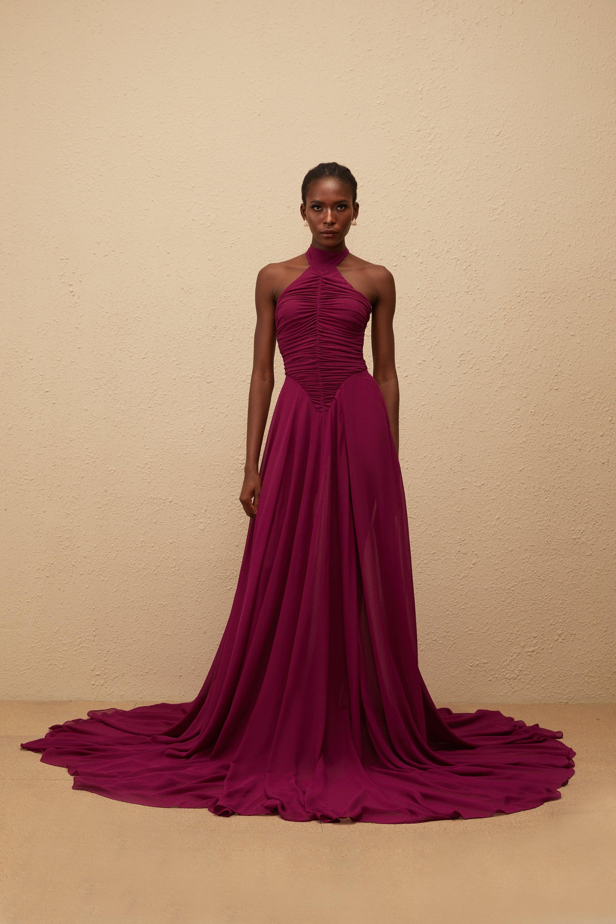 Kerstin Purple Train Design Ruched Maxi Dress