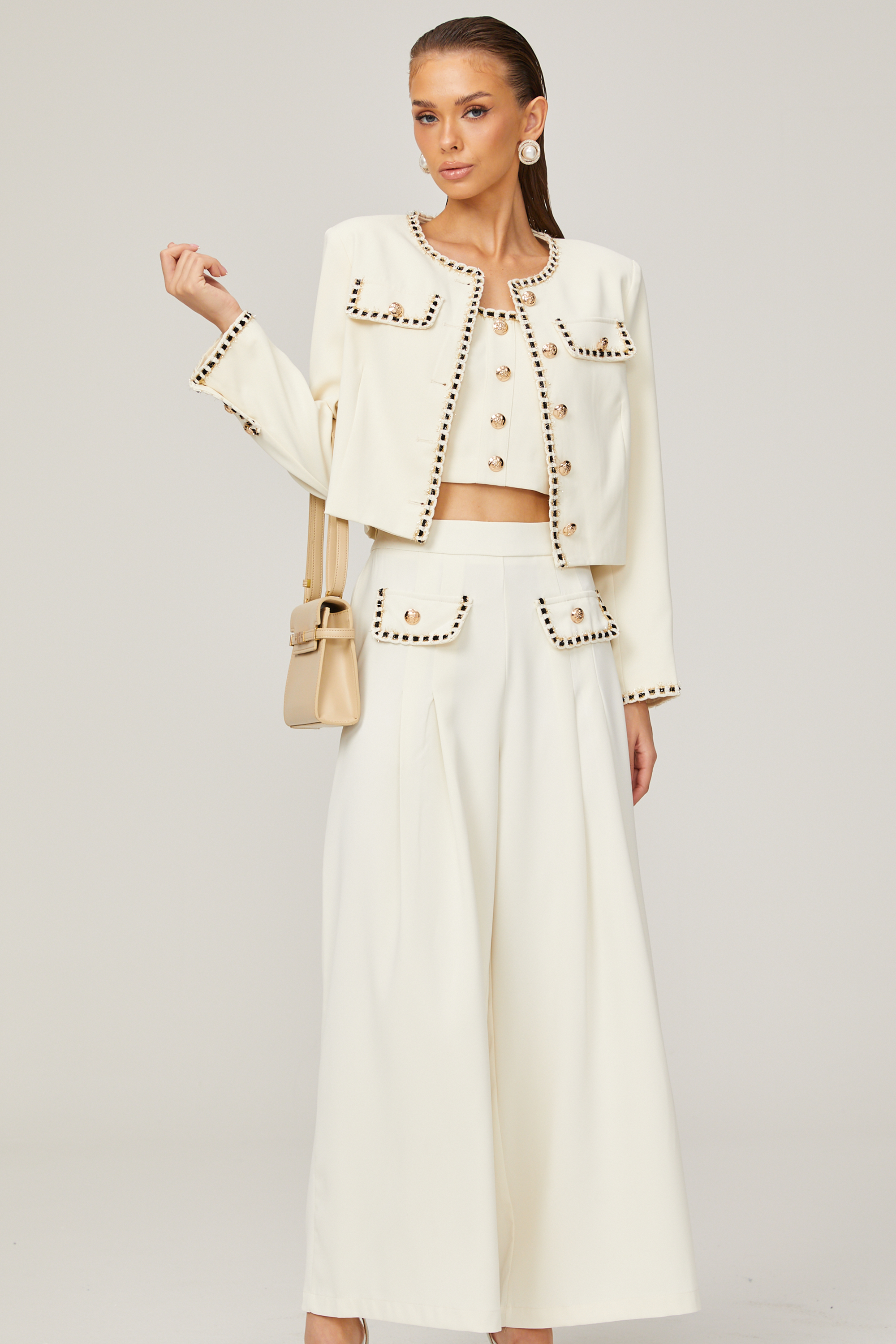 Joy off-white braided-edge jacket & top & trousers matching set