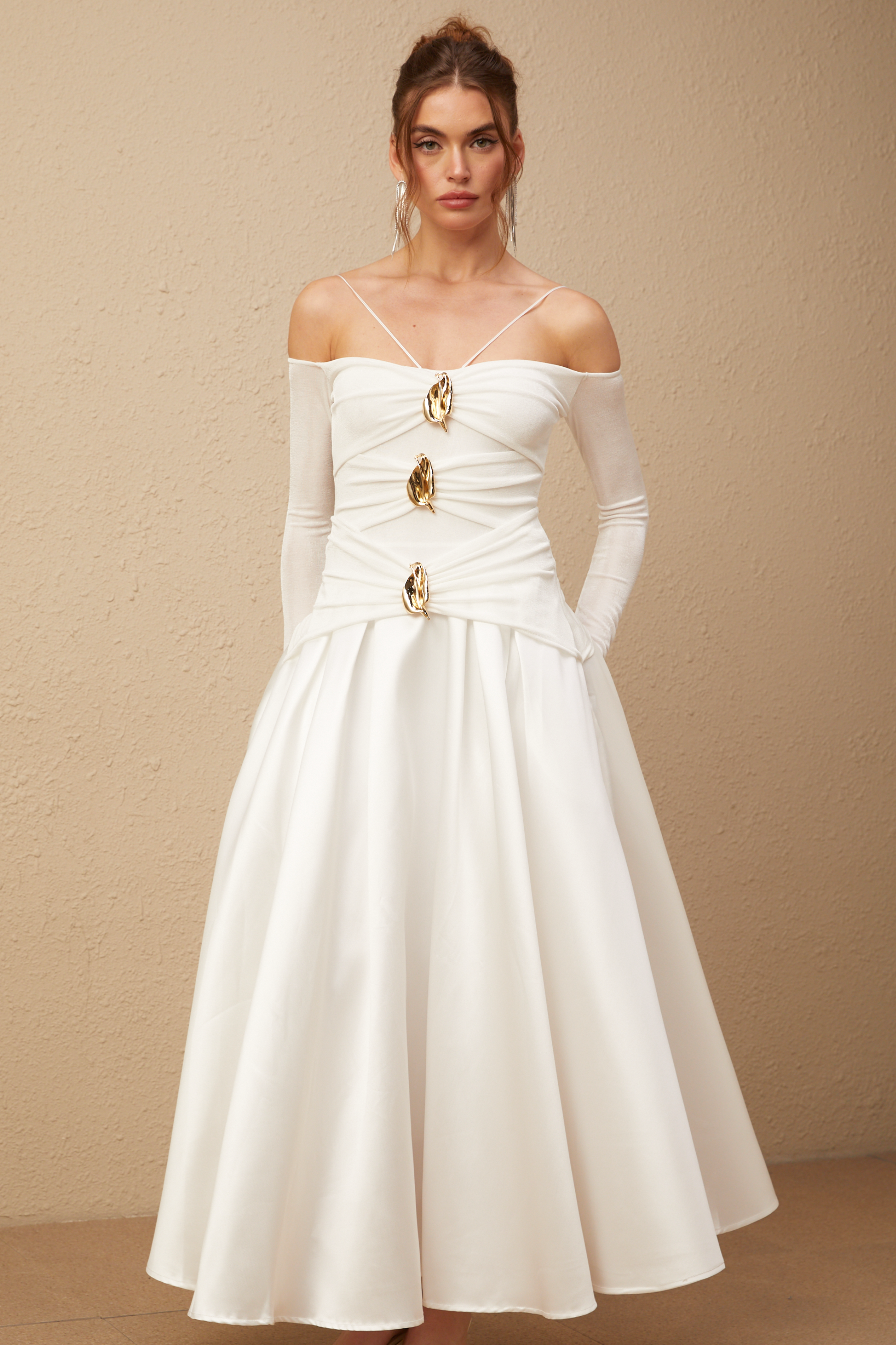 Nadine white off-shoulder panelled maxi dress