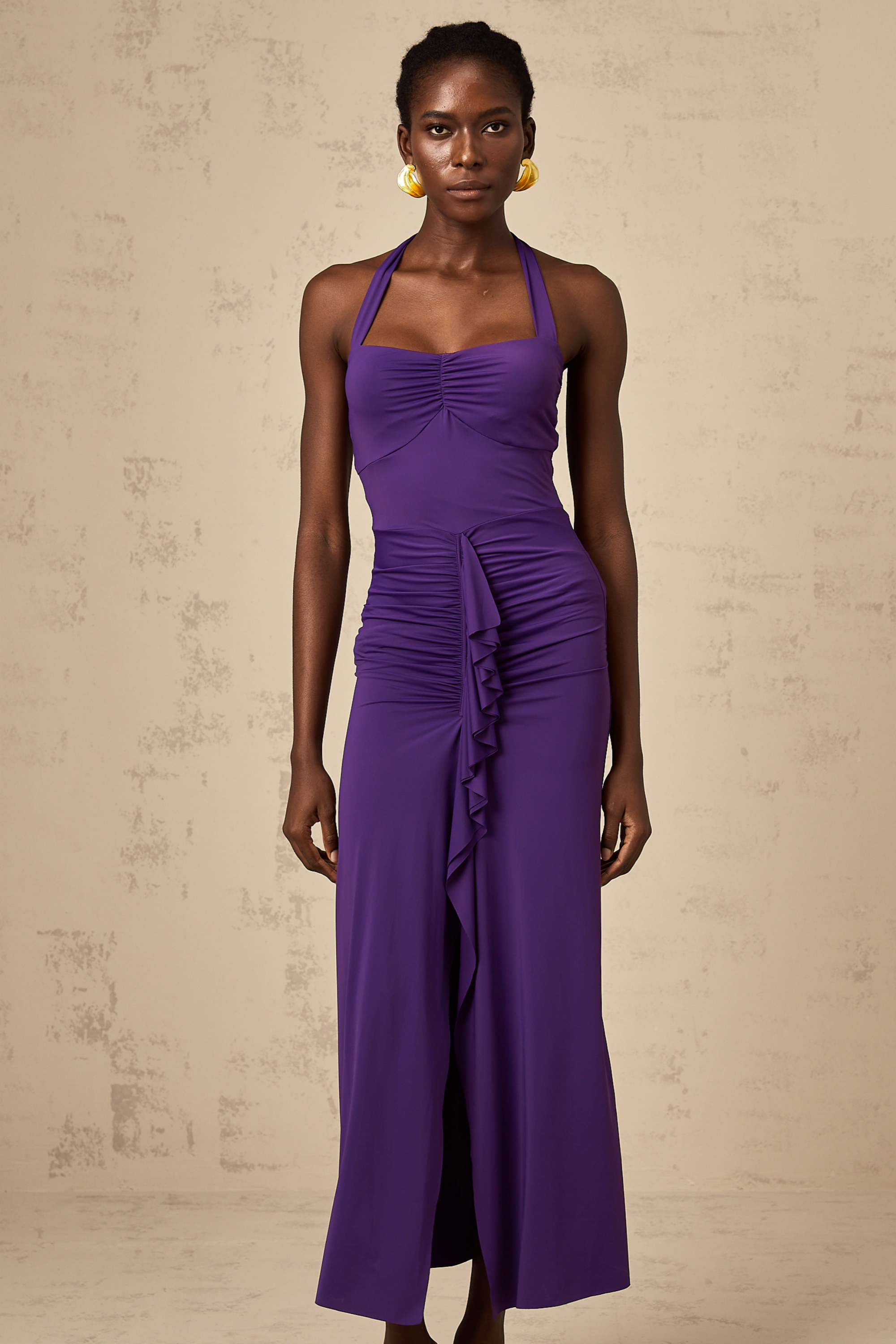 Renata purple halterneck ruched midi dress