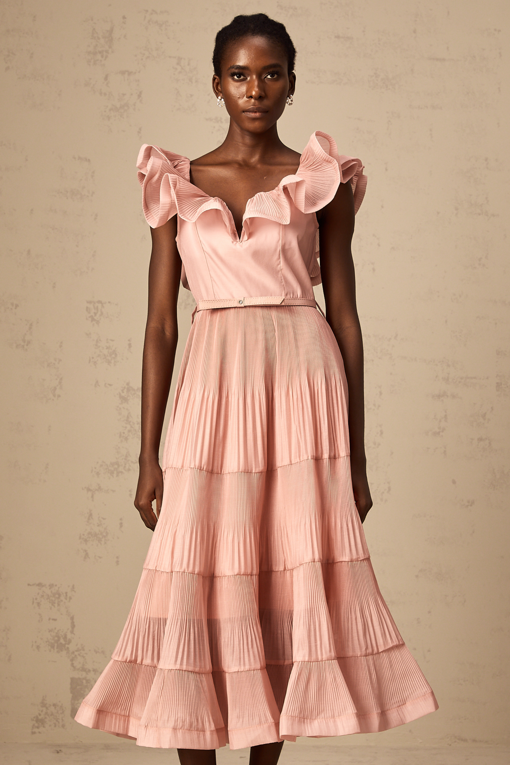 Valentina coral-pink pleated frilled midi dress