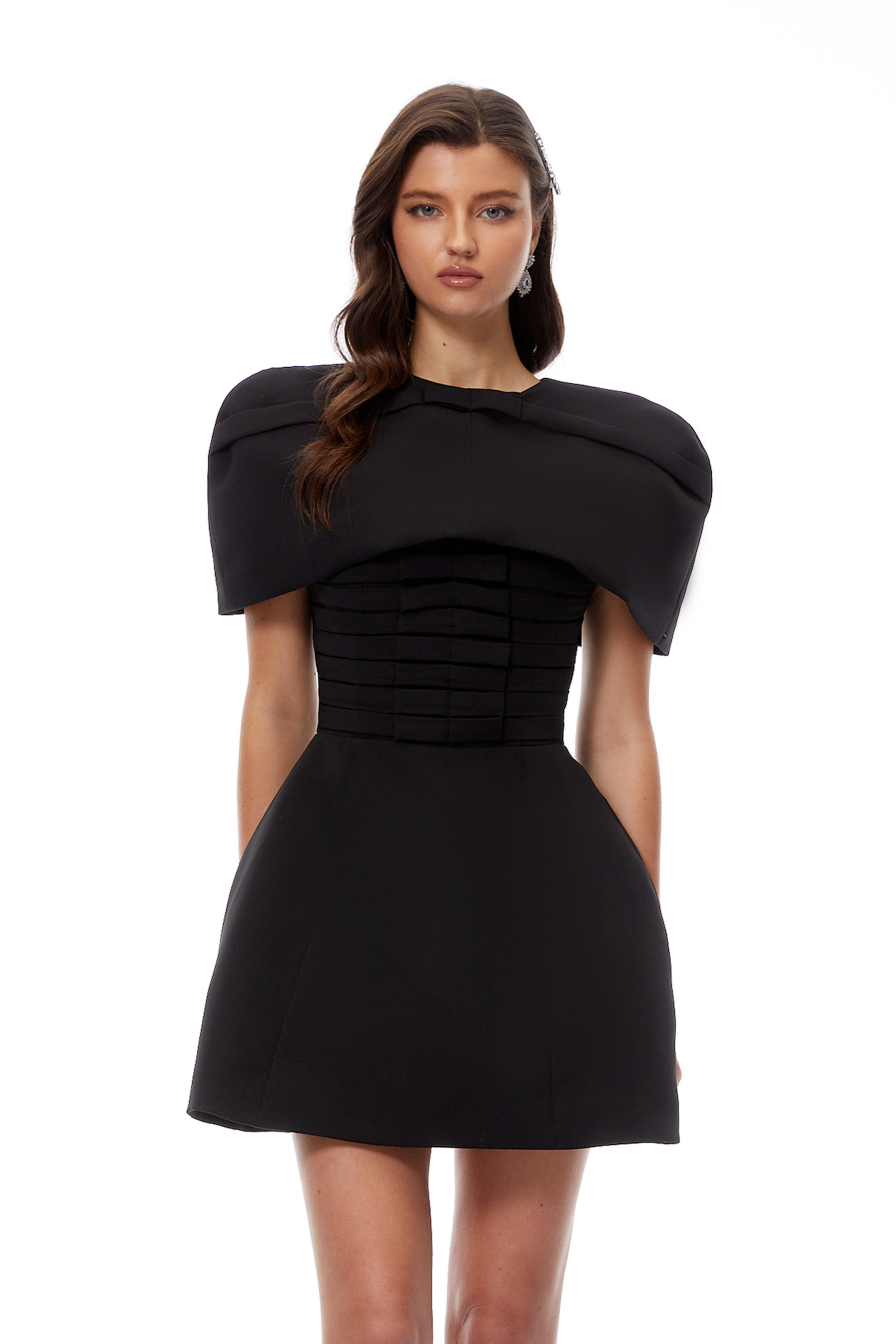 Celía Black Cape Design Flared Mini Dress