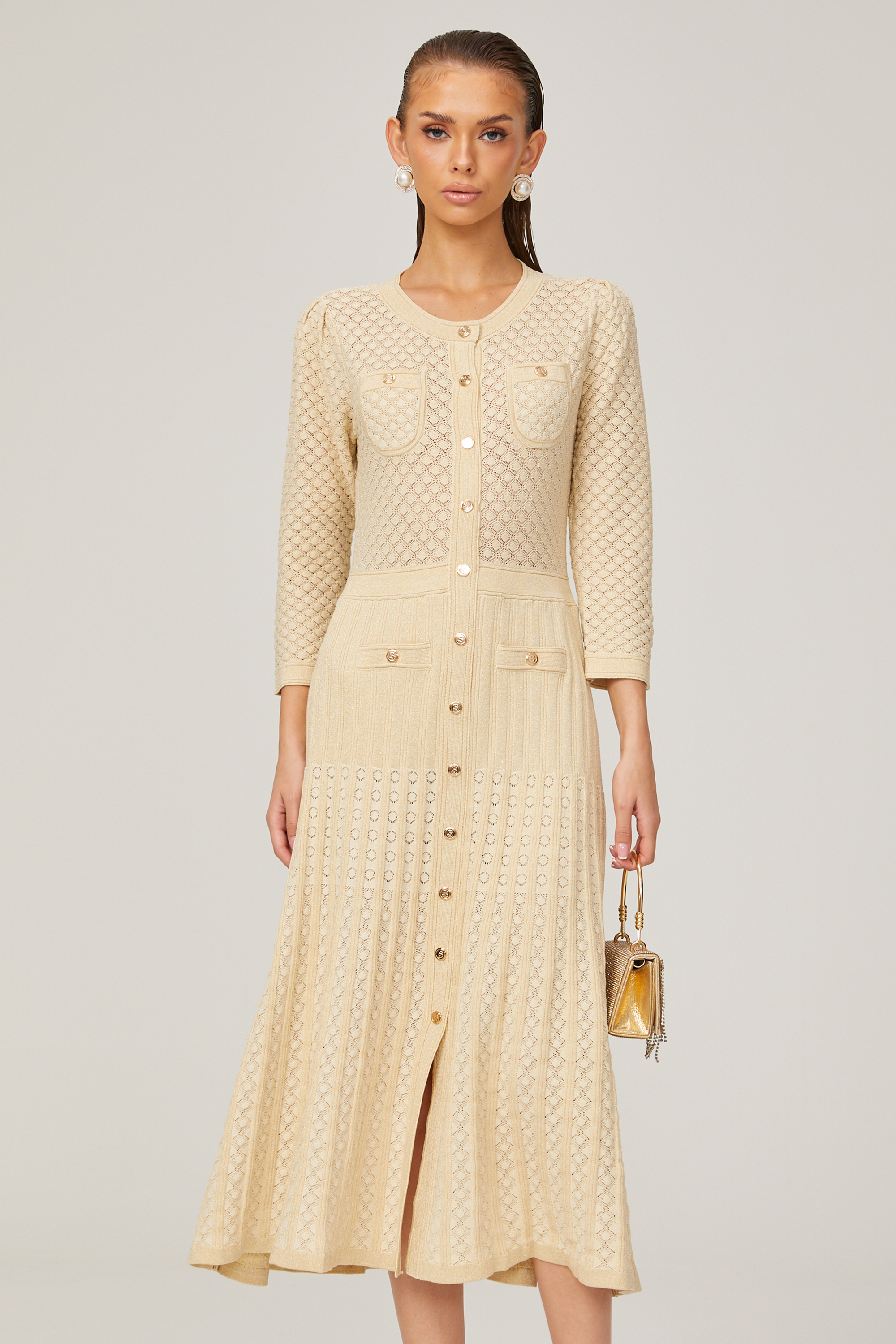 Élodie knitted long-sleeve midi dress in Neutrals