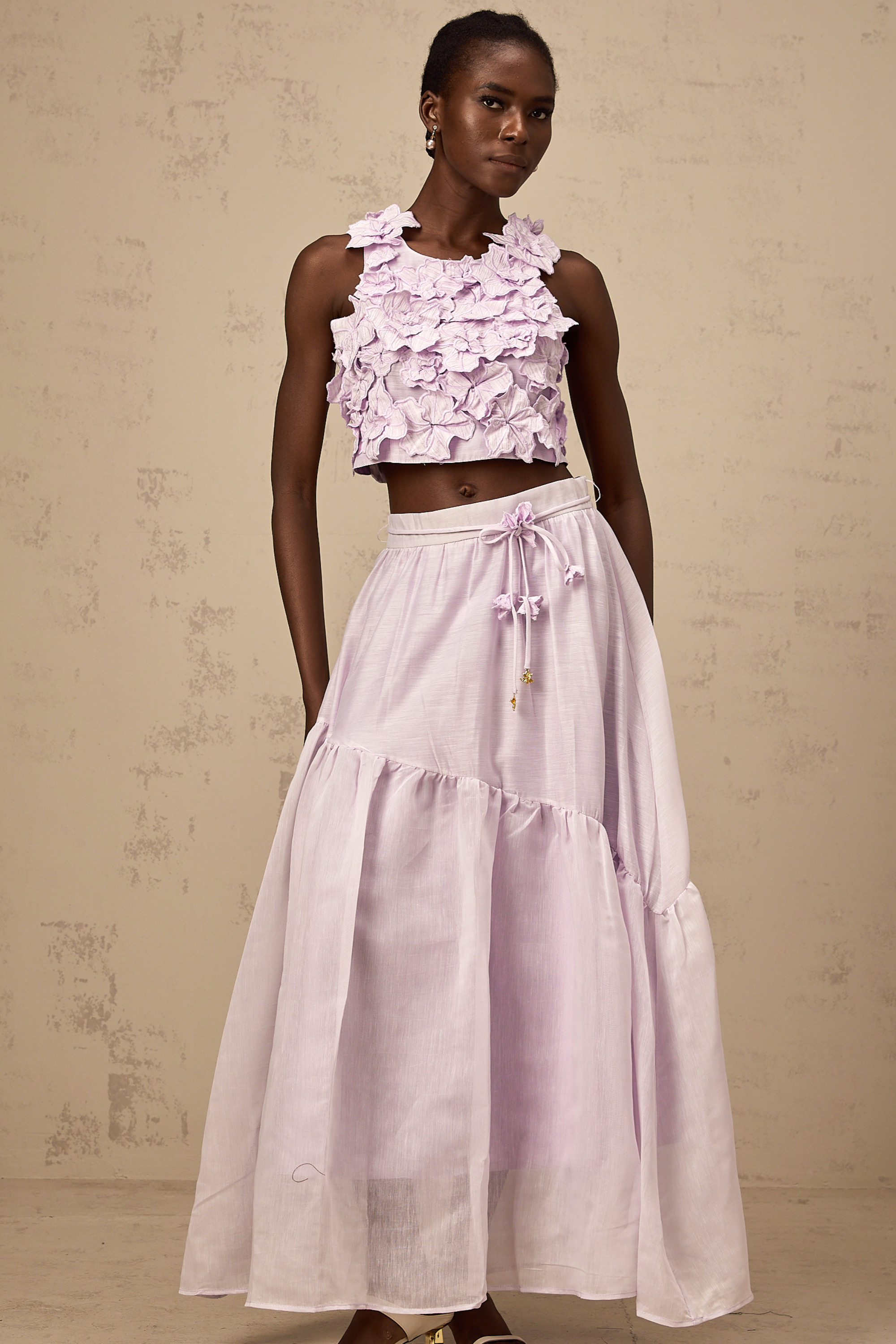 Eléa purple faux-flower top & skirt matching set