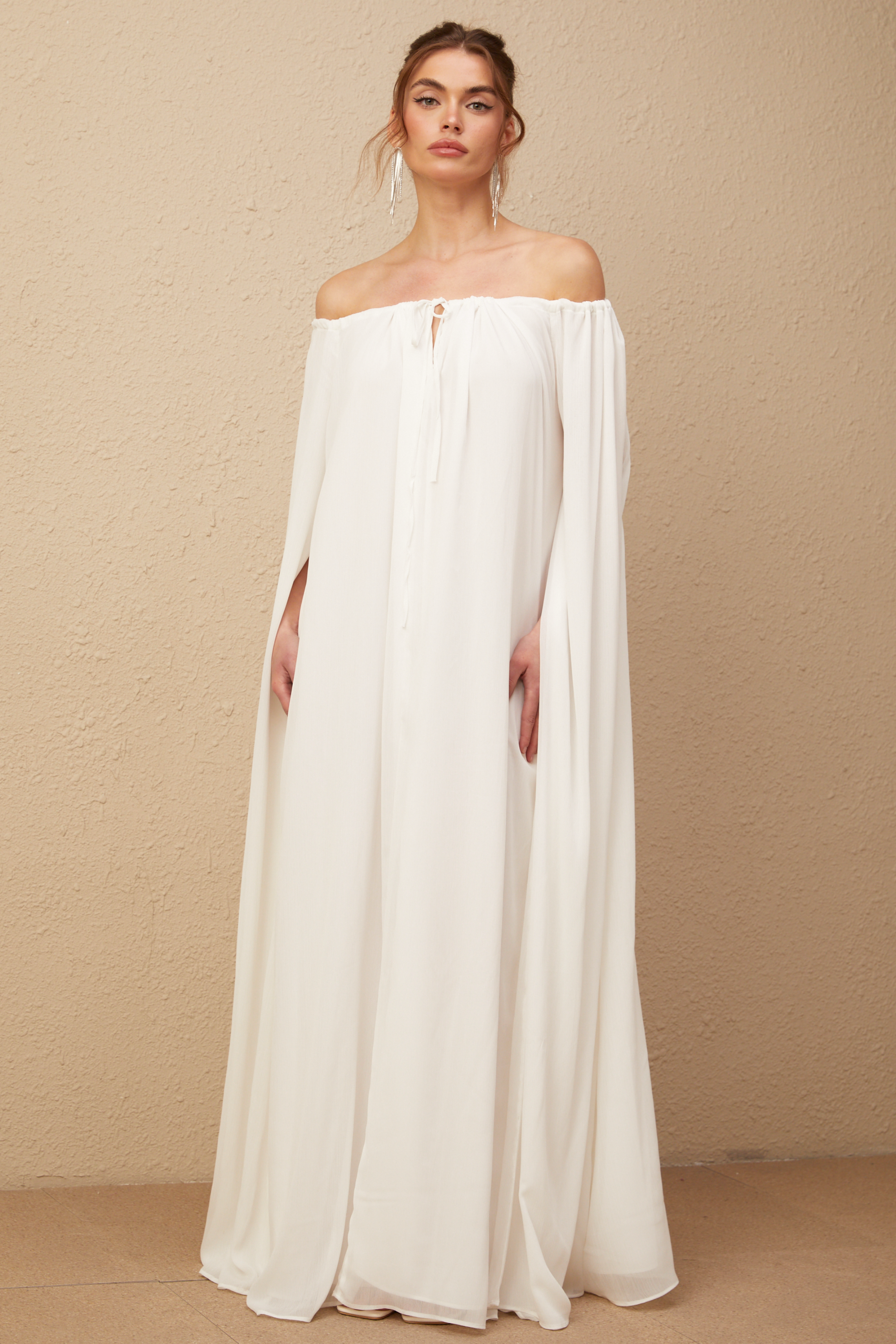 Patrizia white cape-design draped tulle maxi dress