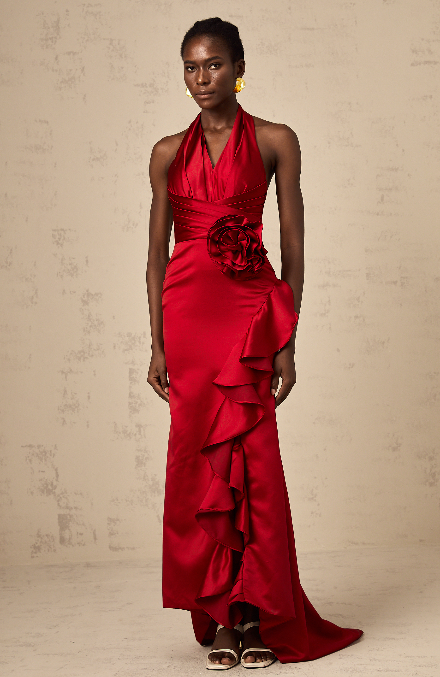 Letizia red halterneck 3d-petal ruffled maxi dress