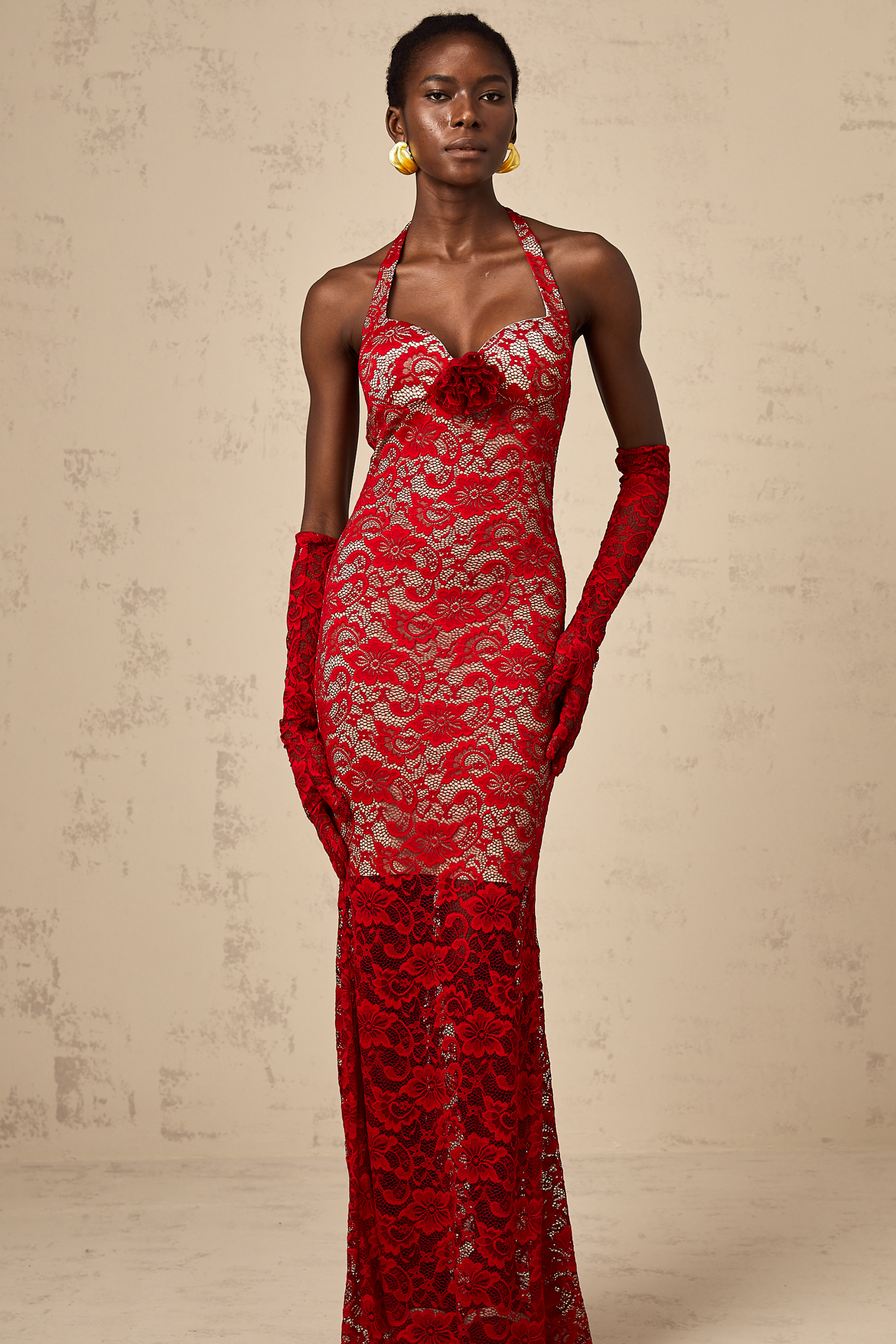 Gelsomina red guipure-lace floral maxi dress