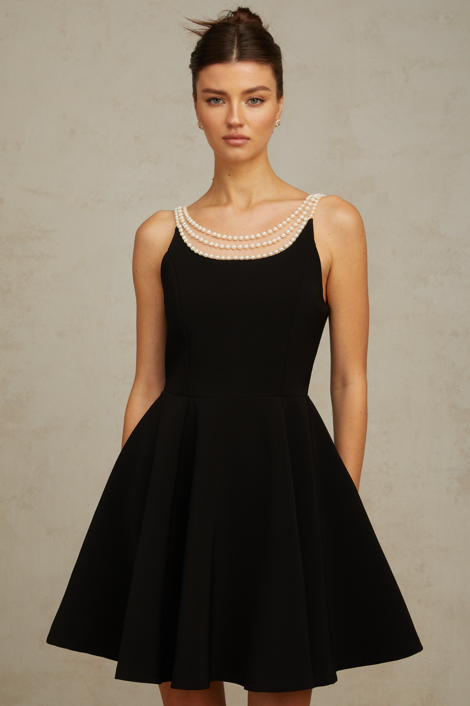 Danaé black faux-pearl-embellished mini dress