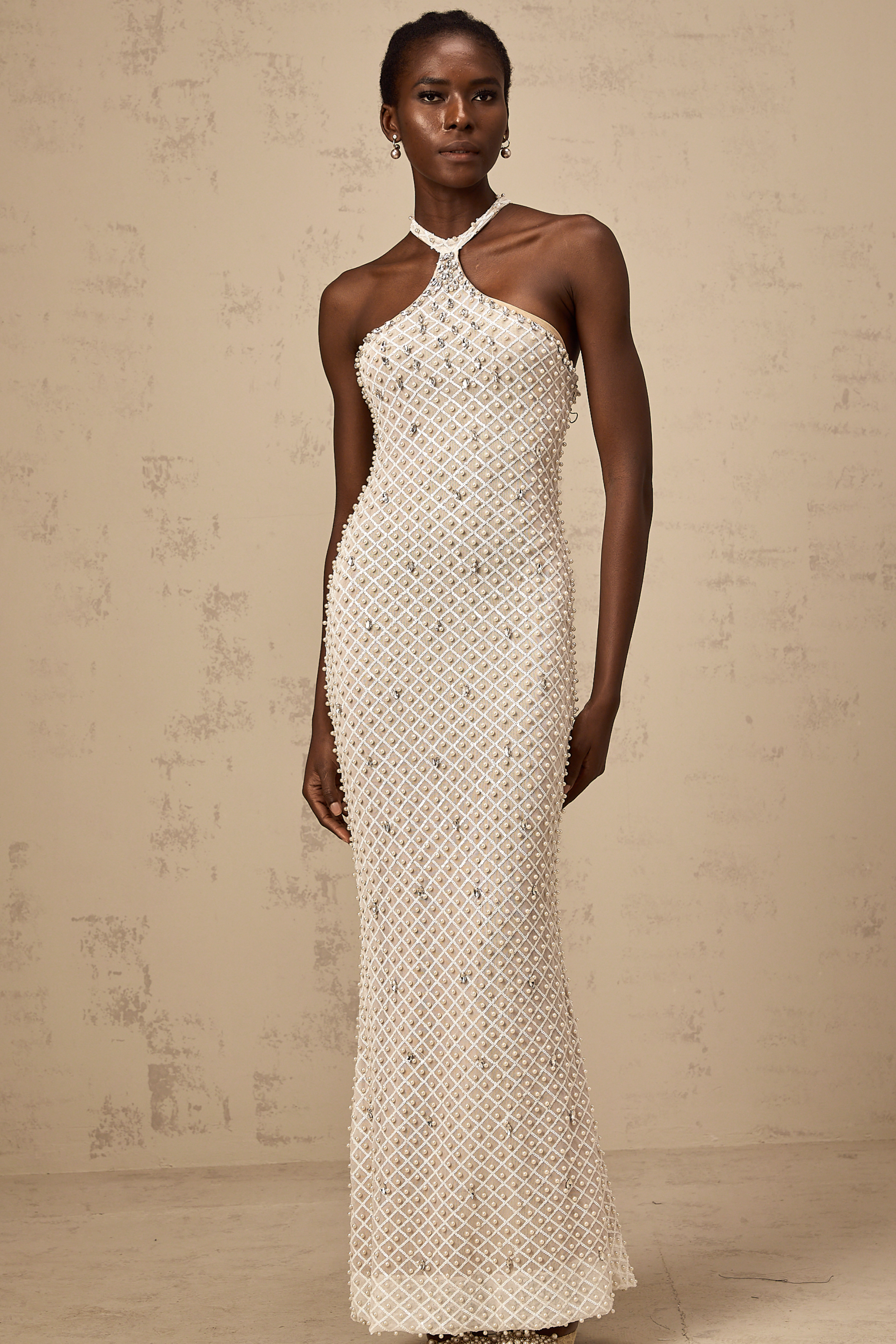 Claudine white embellished halterneck maxi dress