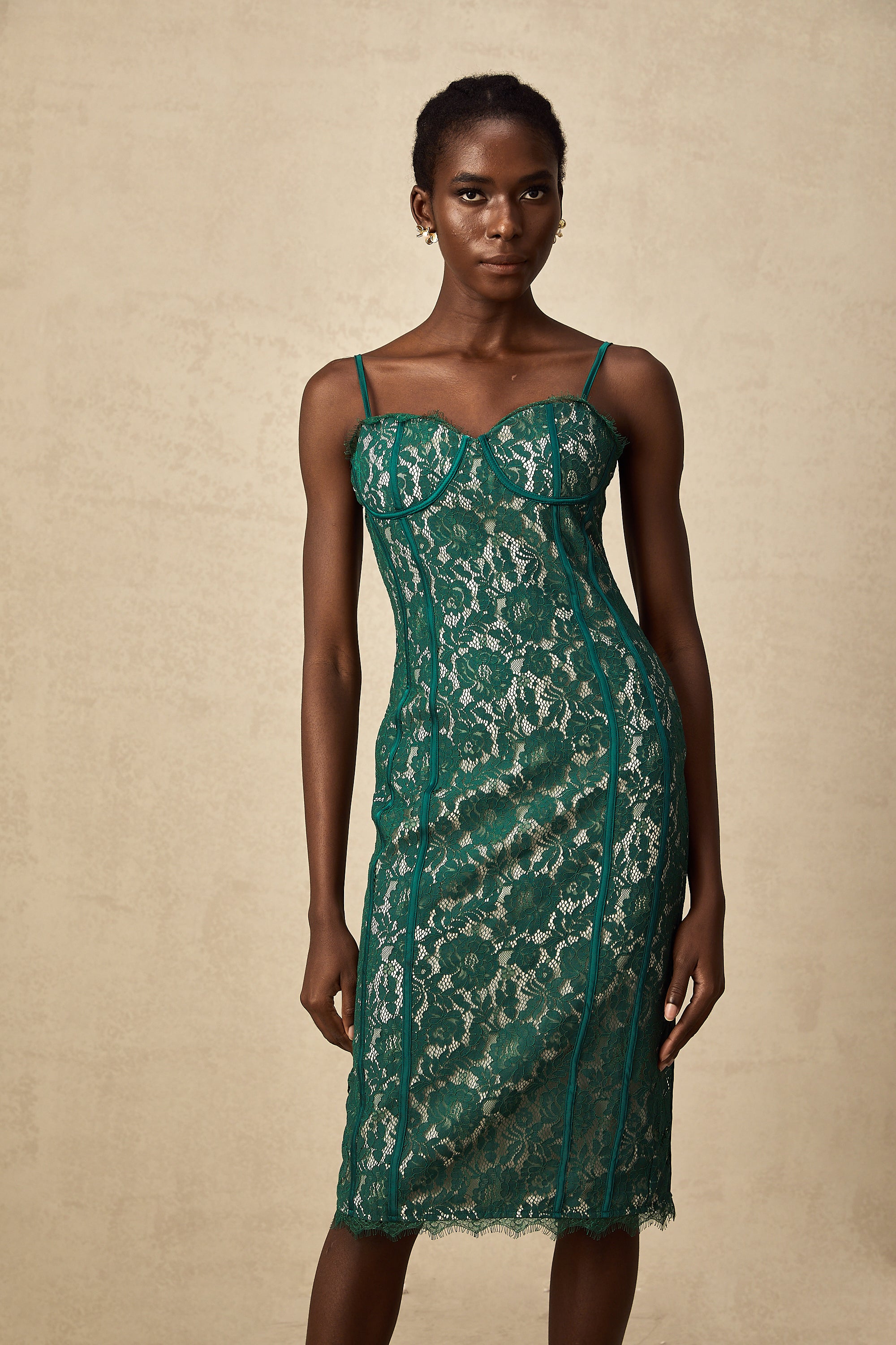 Céleste green lace bustier fitted midi dress