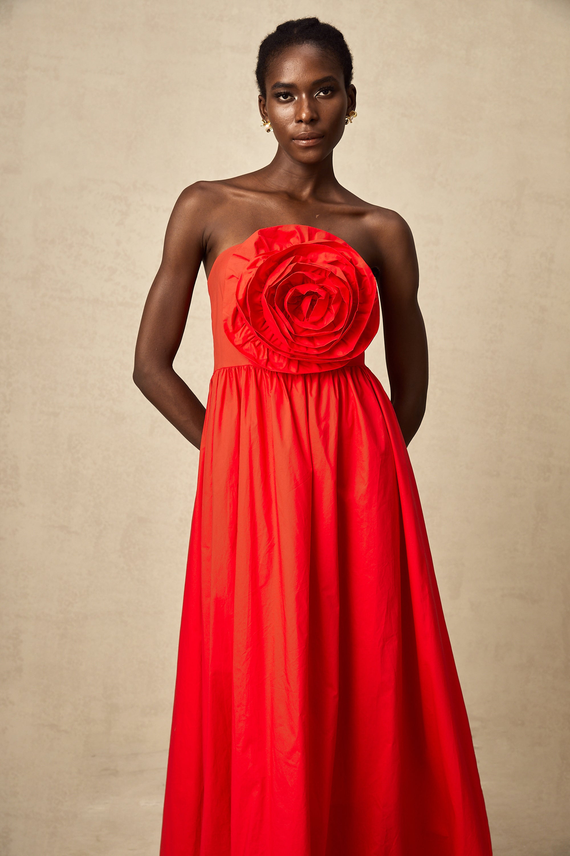 Assia red 3d-petal ruffled maxi dress