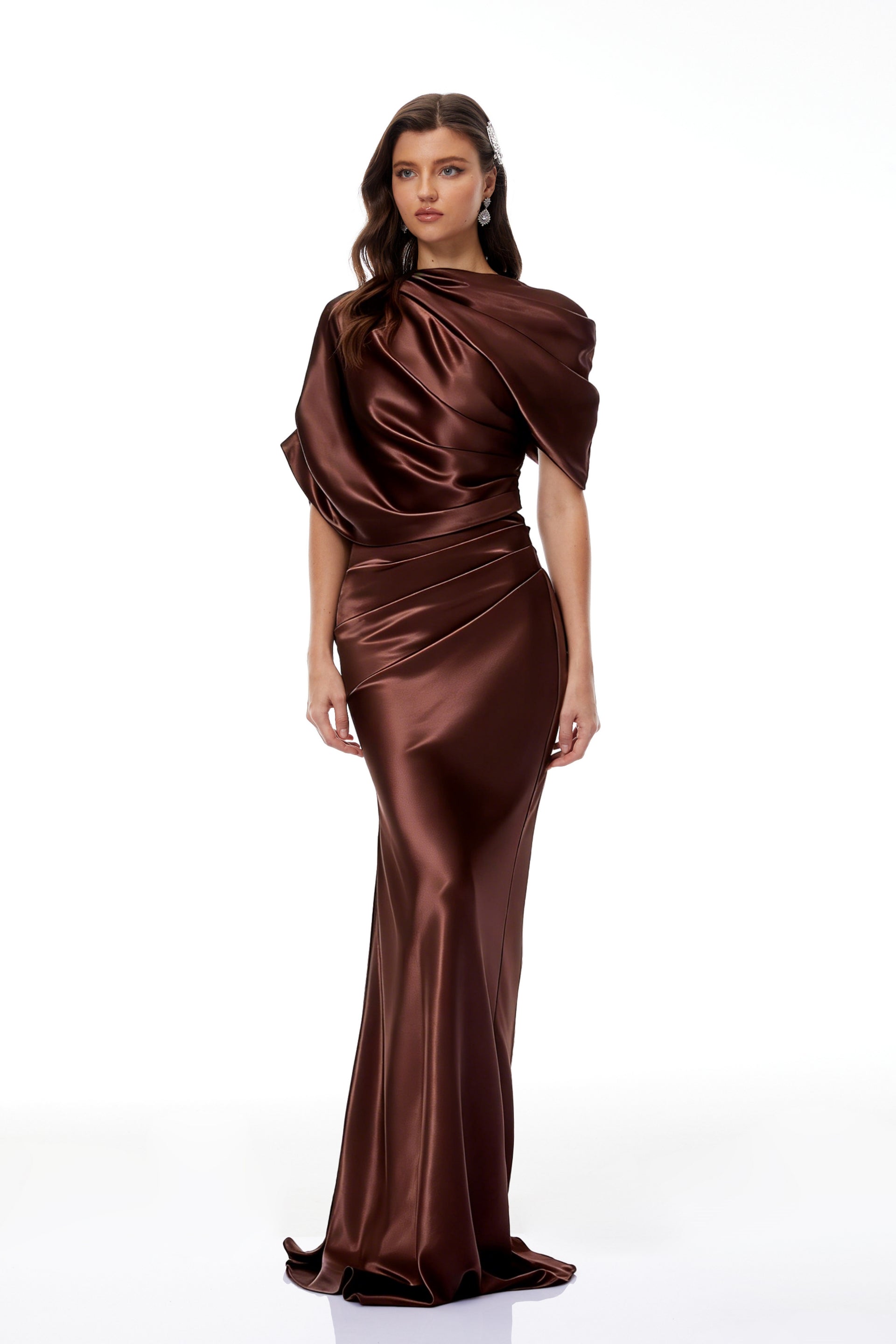 Luisa Brown Asymmetrical Gathered Satin Maxi Dress, M / Brown