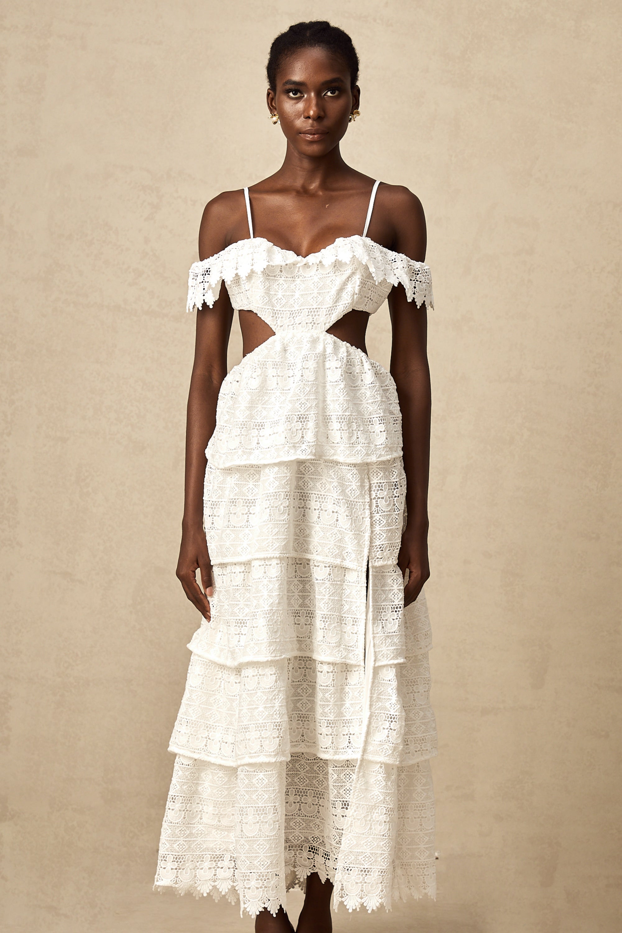 Genevieve white lace open-work midi dress