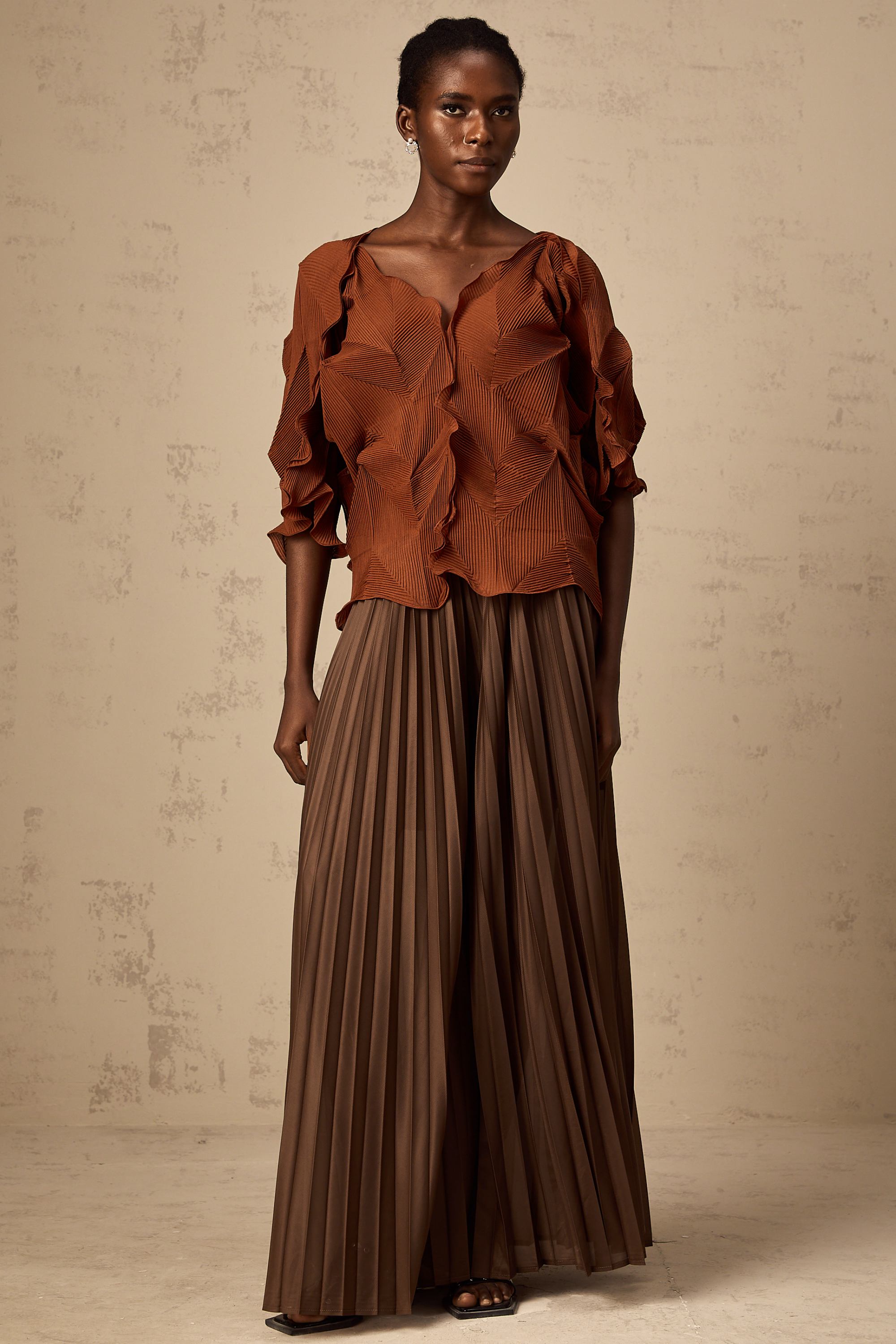 Demi brown creased top & skirt matching set