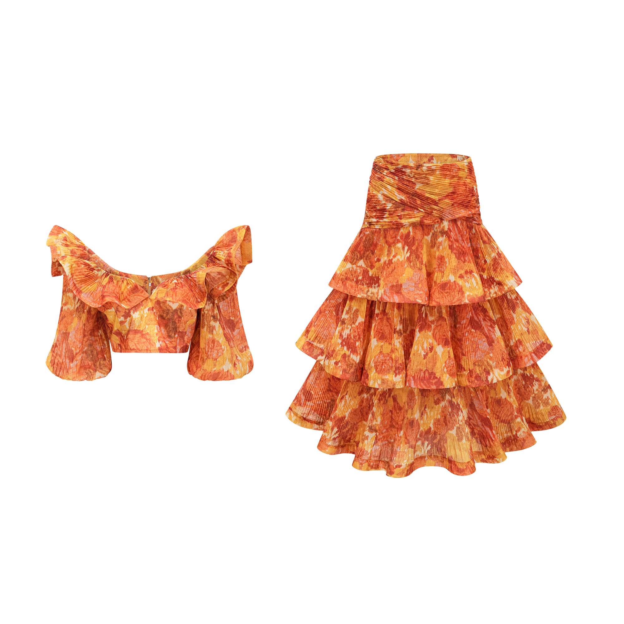 Océane graphic-print ruffled top & skirt matching set