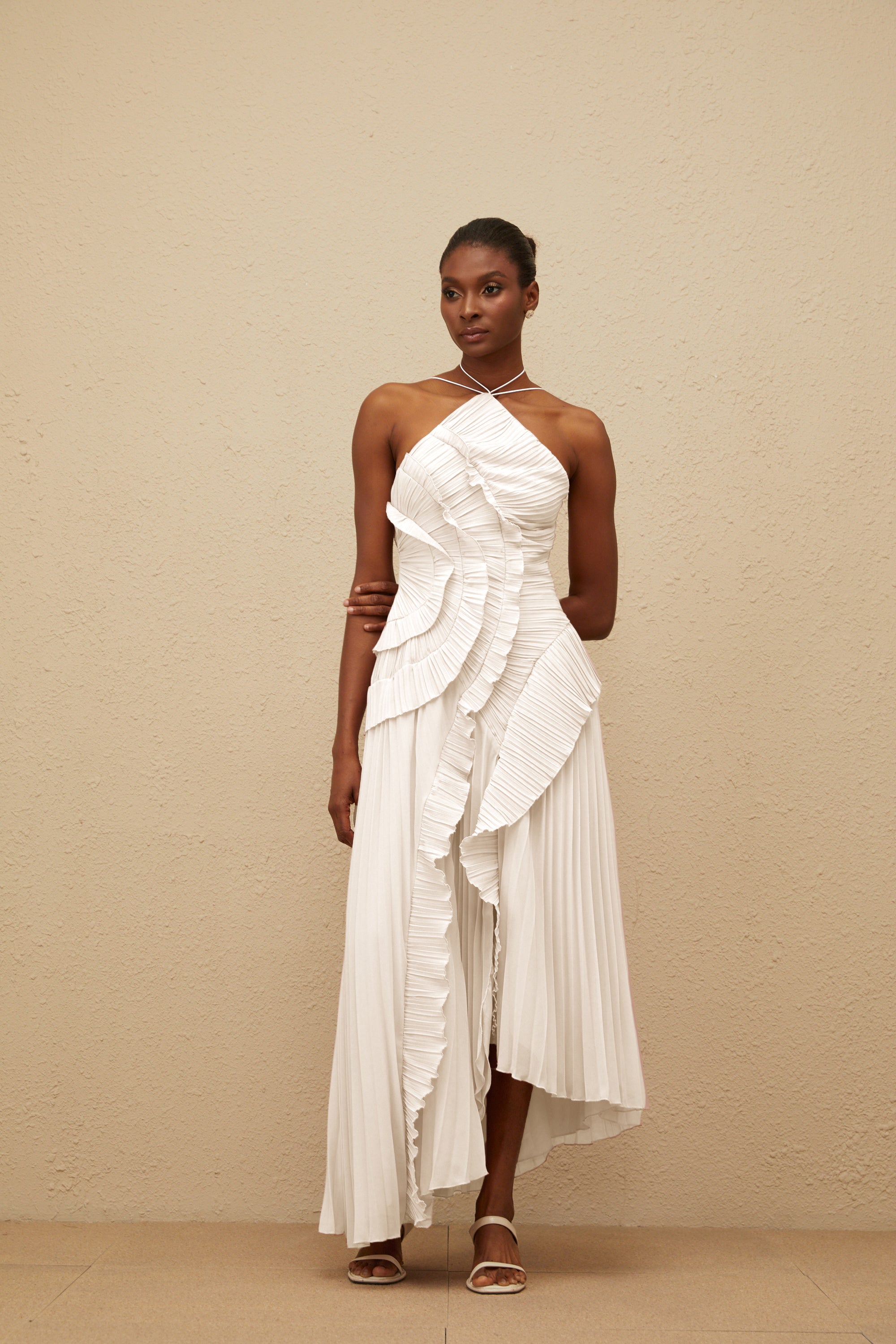 Doux White Ruffled Trim Pleated Midi Dress