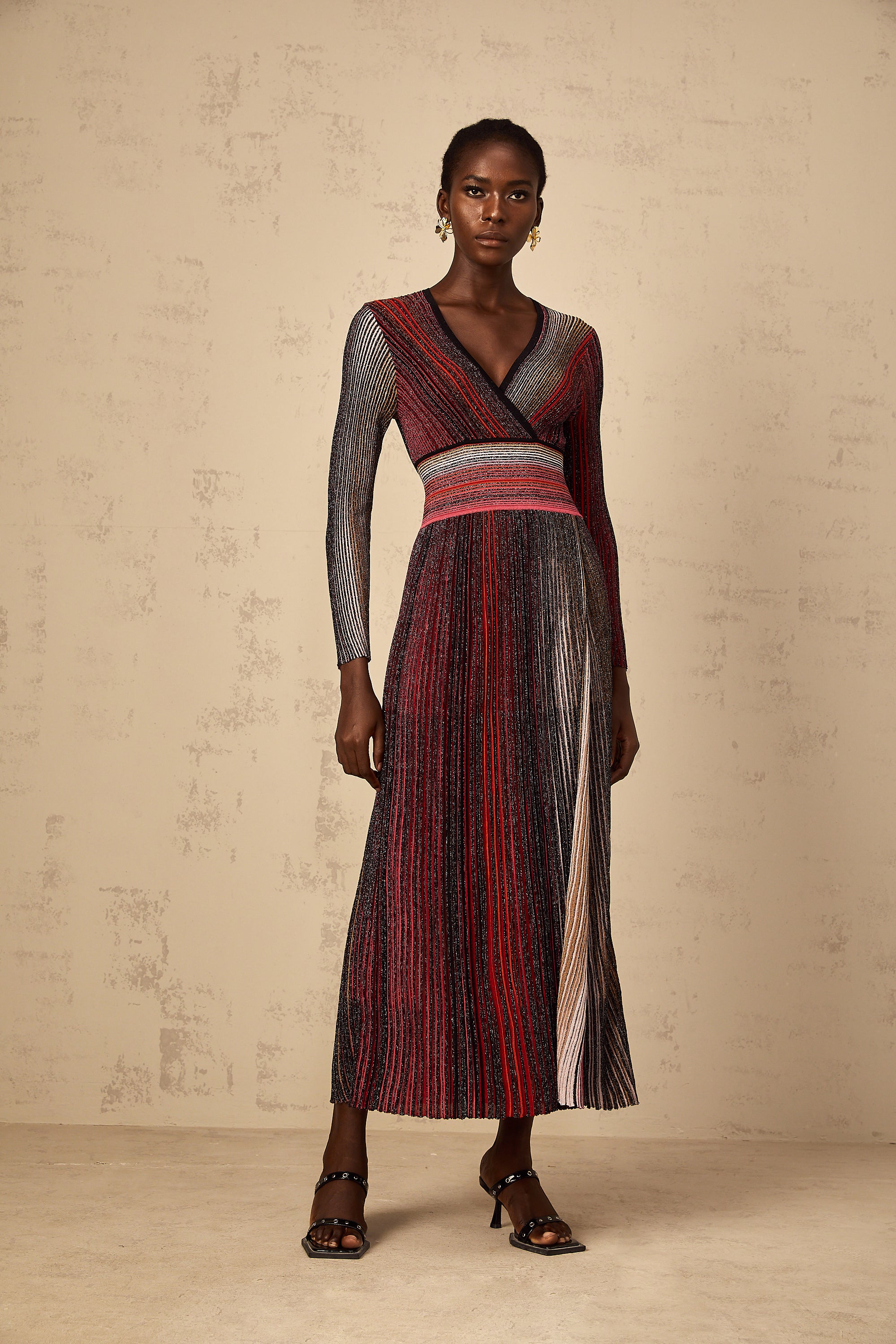 Amaryllis Red Long Sleeve Sequin Striped Knit Maxi Dress