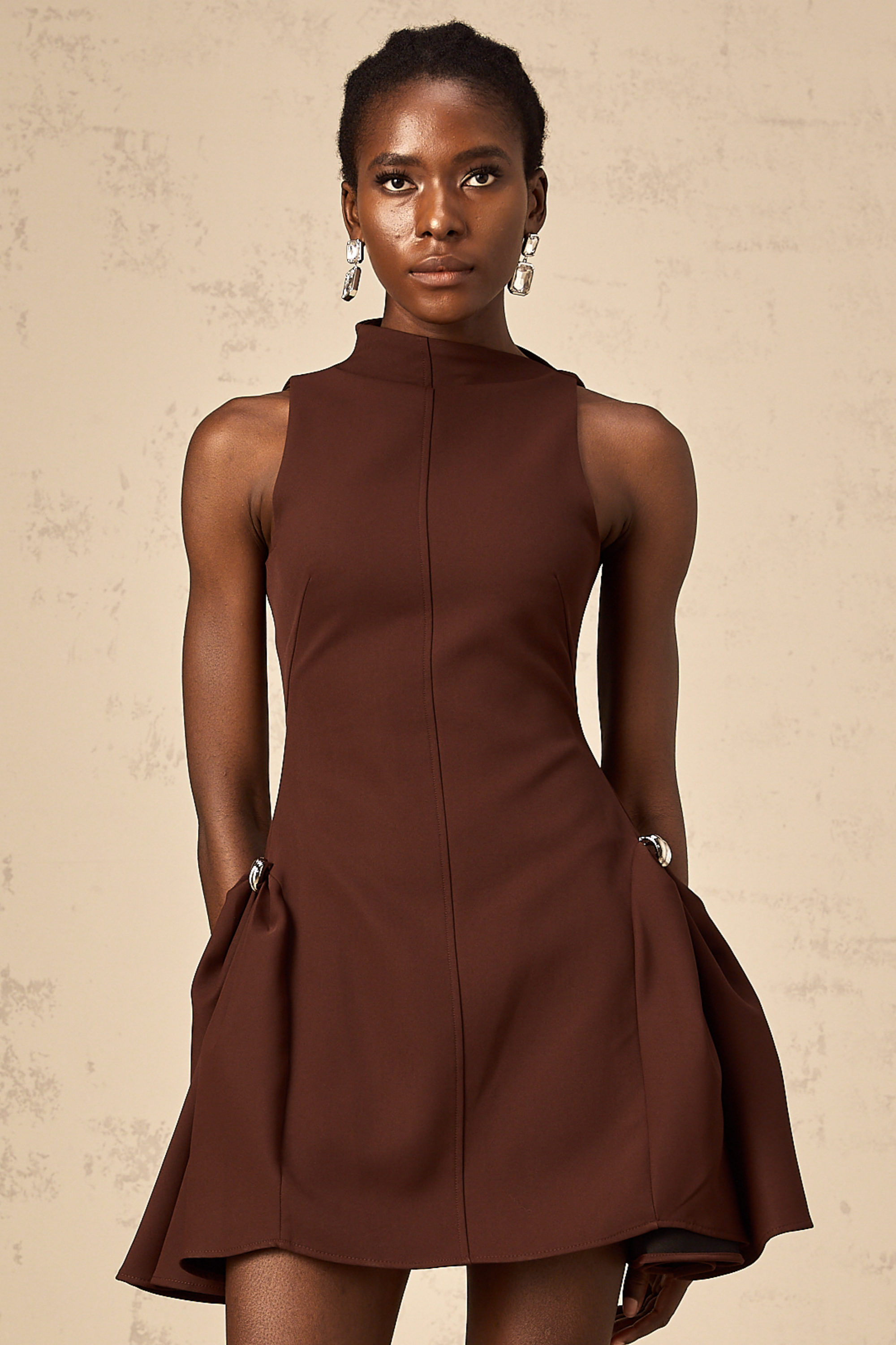 Dora brown asymmetric-neck puff mini dress