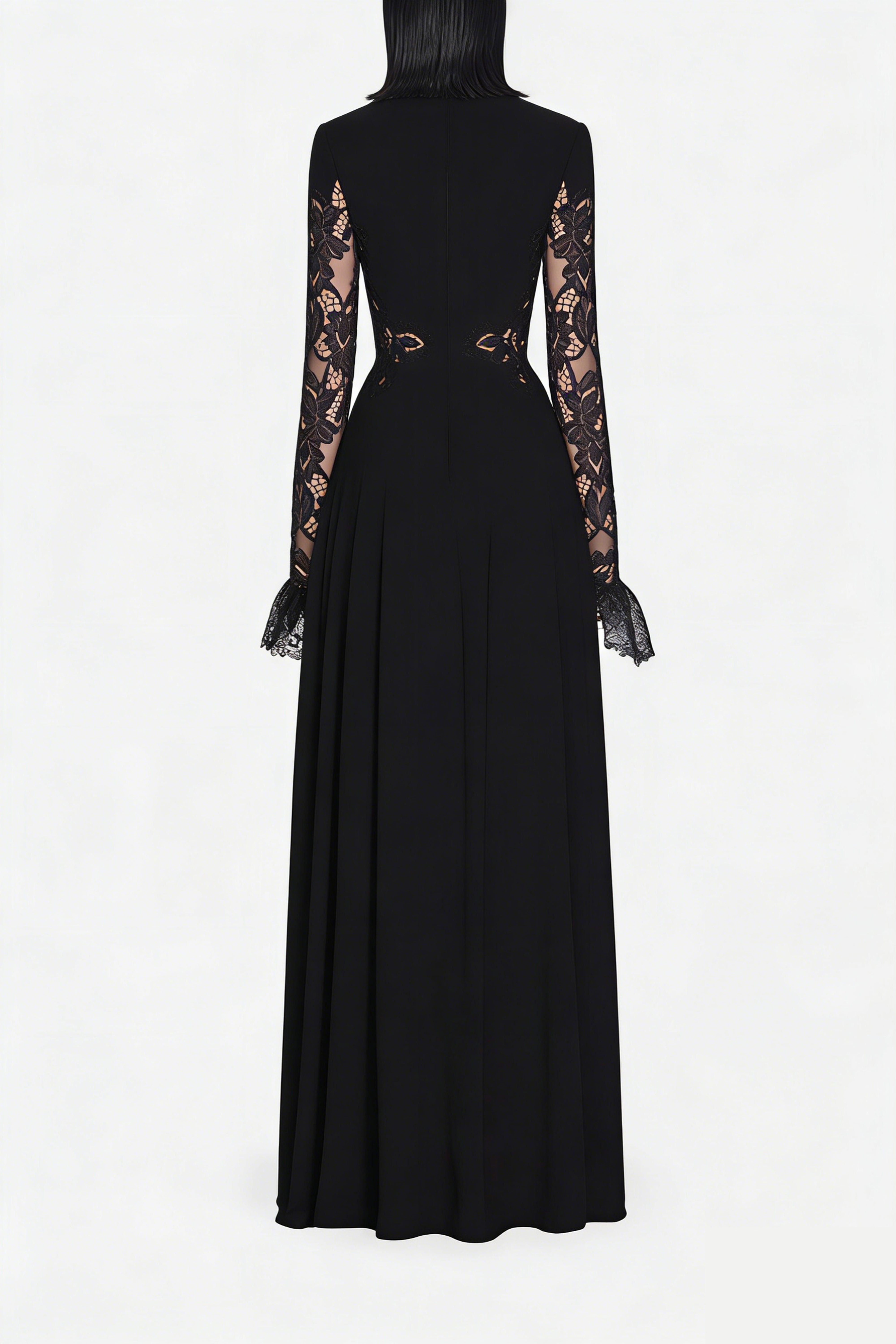 Chiara Black Lace Panel Pleated Midi Dress