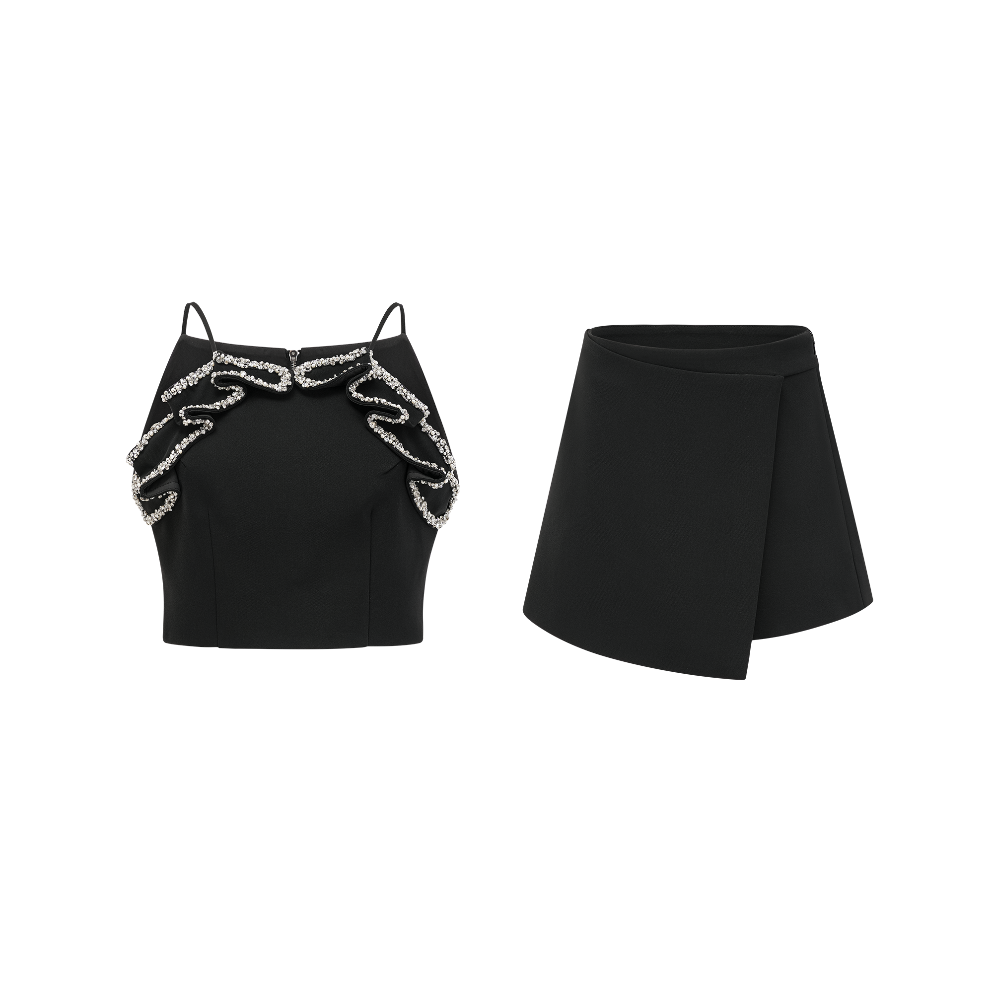 Flora black embellished top & shorts matching set